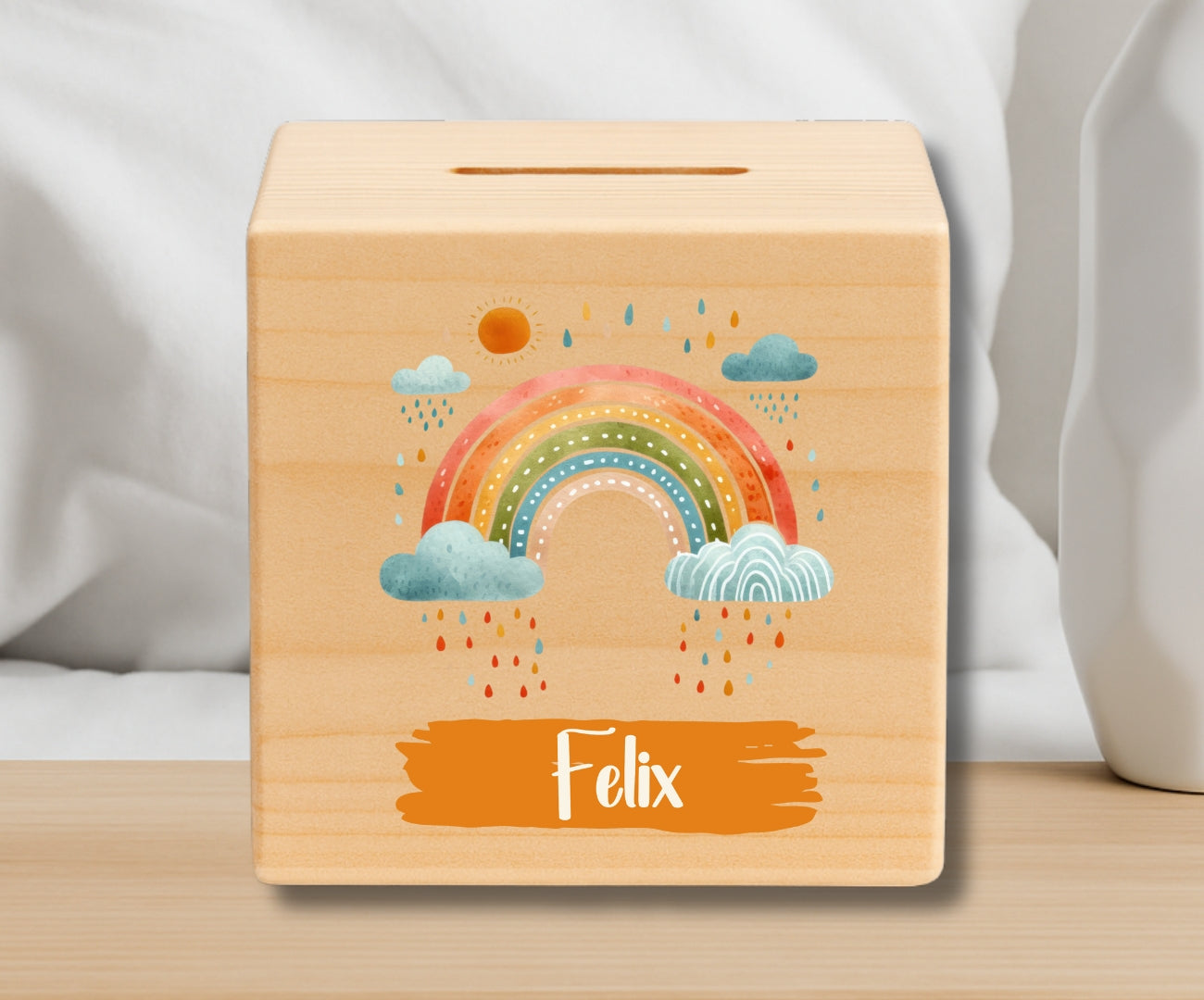 Holz Spardose Kinder personalisiert – Regenbogen Motiv mit Namen – Geschenk Jungen & Mädchen