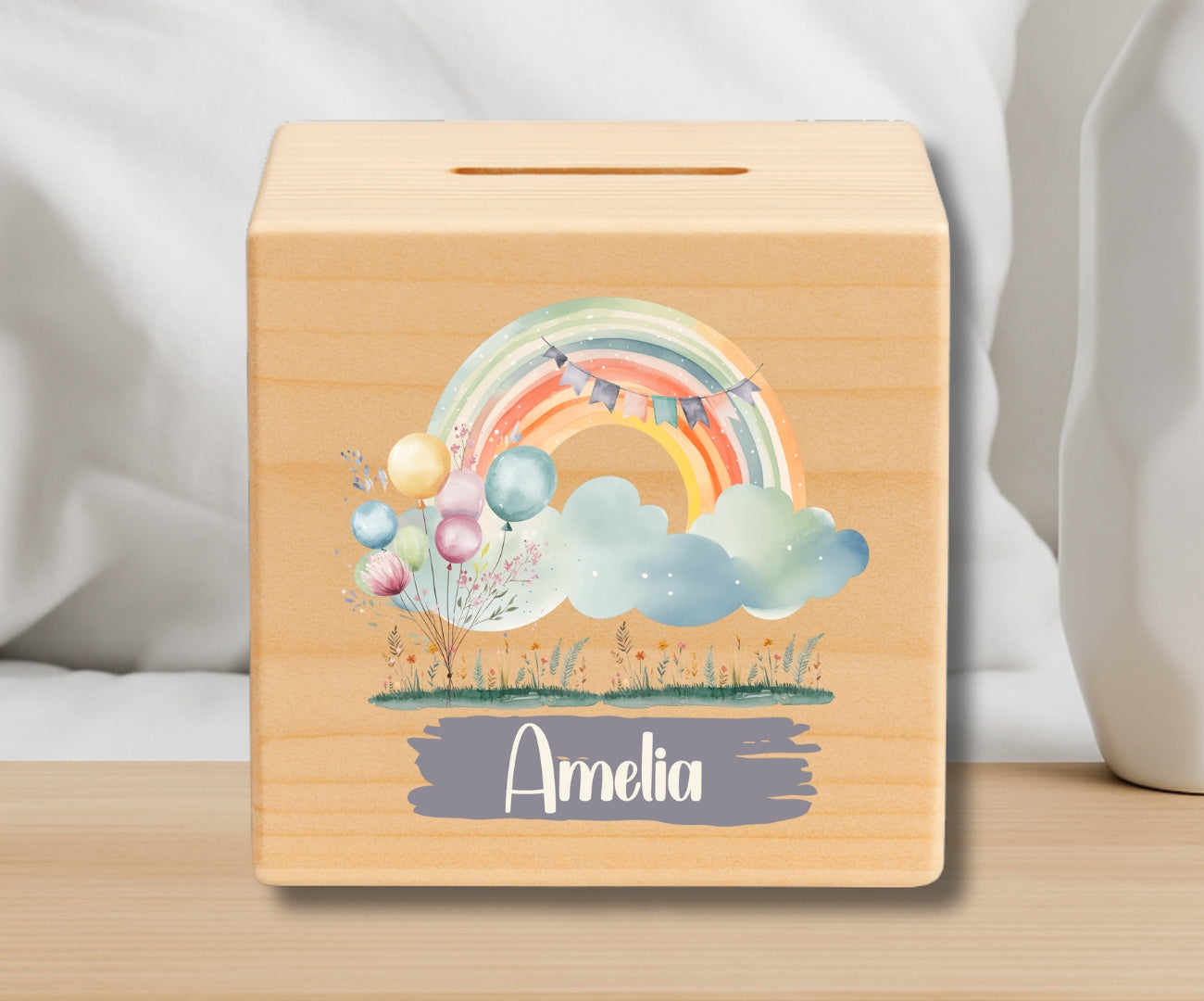 Holz Spardose Kinder personalisiert – Regenbogen Motiv mit Namen – Geschenk Jungen & Mädchen