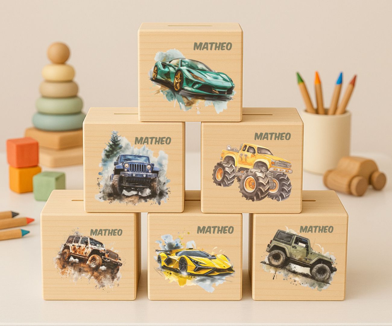 Holz Spardose Kinder personalisiert – Auto Motiv mit Namen – Geschenk Jungen
