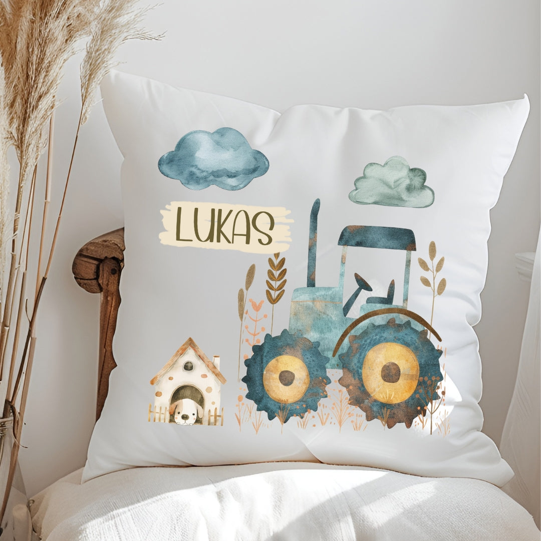 Personalisiertes Bauernhof-Kissen mit Namen – Traktor, Dorf, Pferd