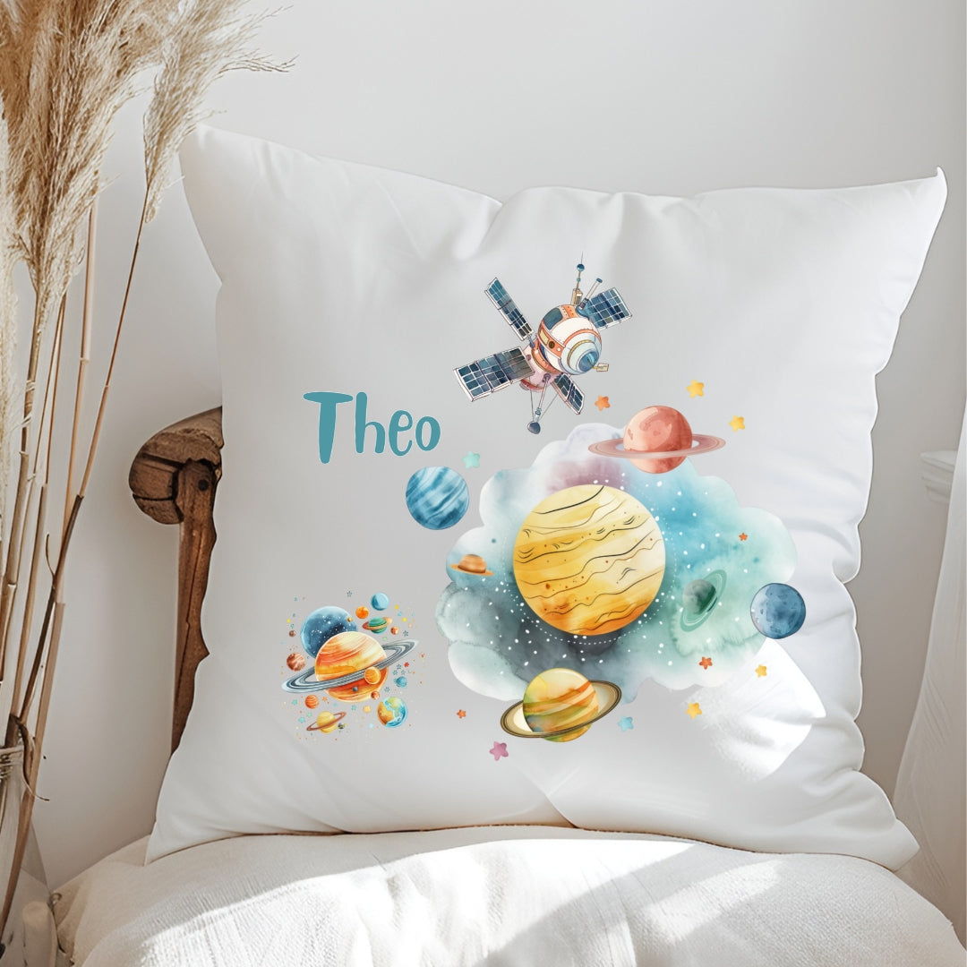 personalisiertes Kinderkissen mit Rakete & Planeten