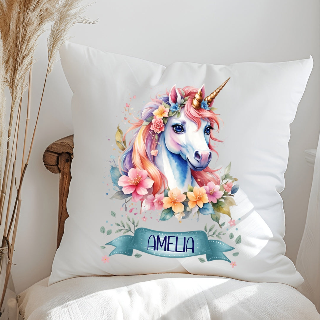 Einhorn Kissen mit Namen – personalisiertes Kuschelkissen