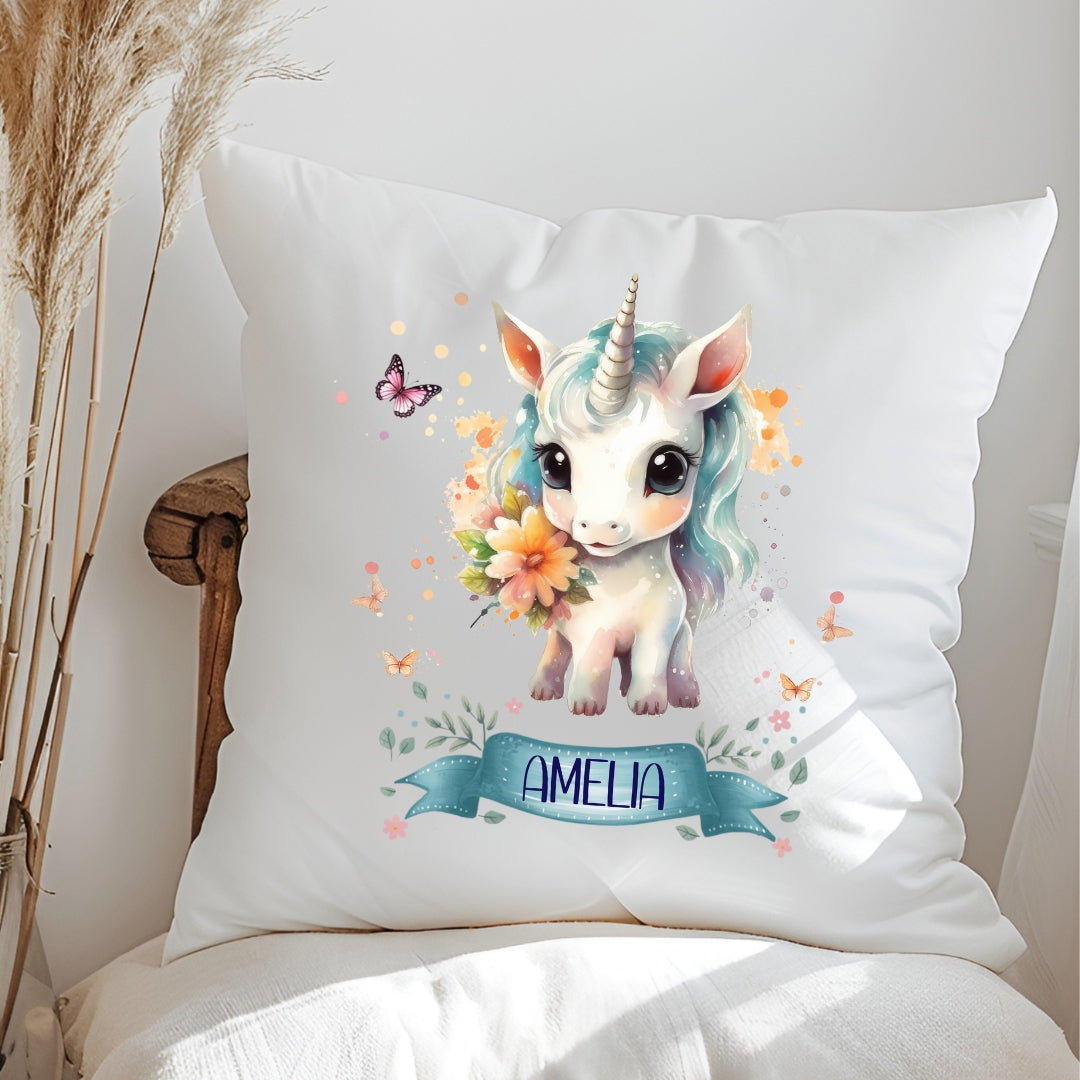 Einhorn Kissen mit Namen – personalisiertes Kuschelkissen