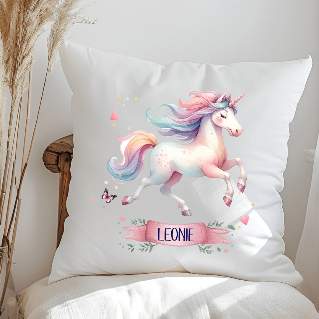 Einhorn Kissen mit Namen – personalisiertes Kuschelkissen