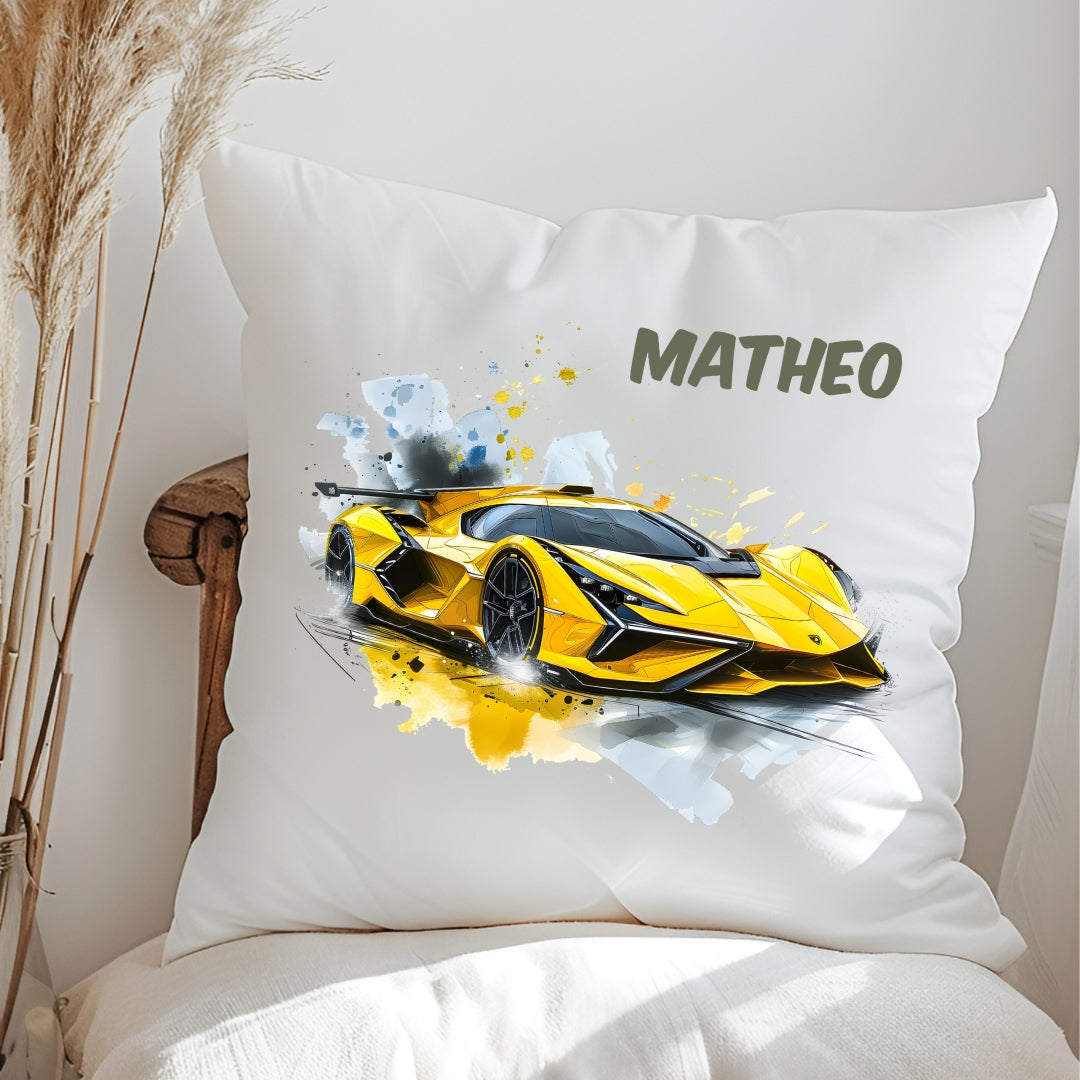 Personalisiertes Kissen mit Rennwagen & Autos – mit Namen,  flauschig weich