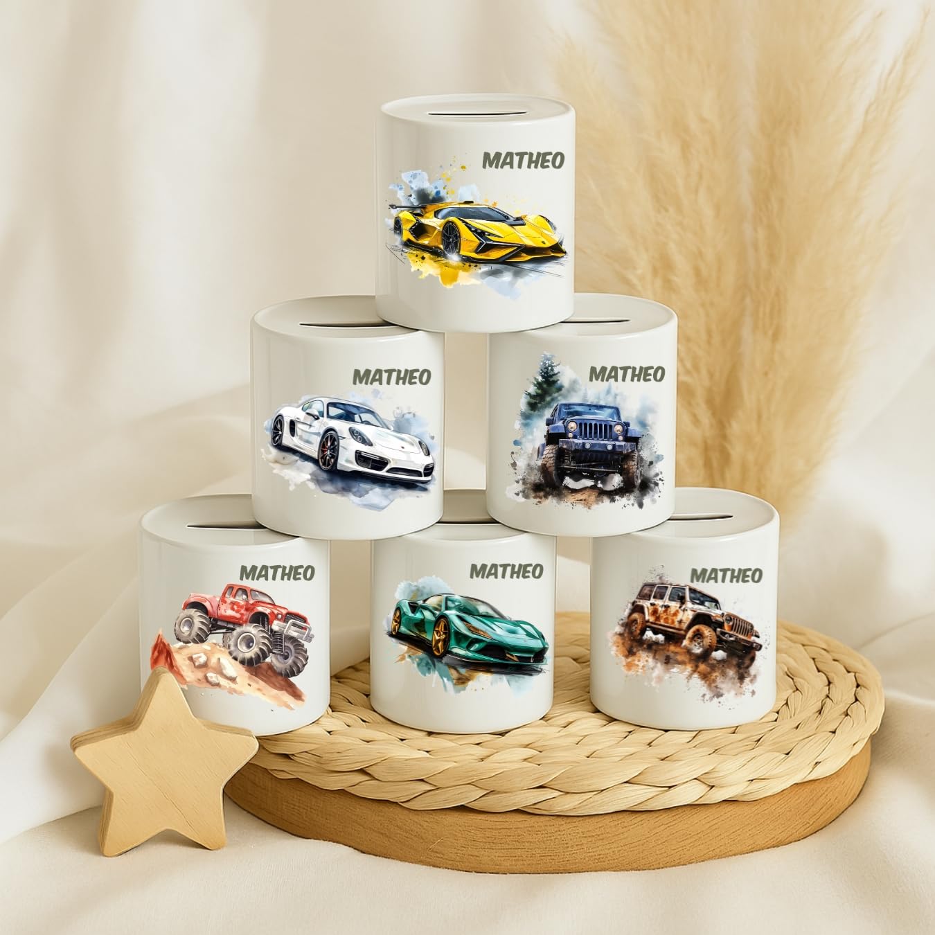 Spardose mit bunten Autos – personalisierte Keramik-Spardose für Jungen – Geschenk zur Taufe oder zum Geburtstag

