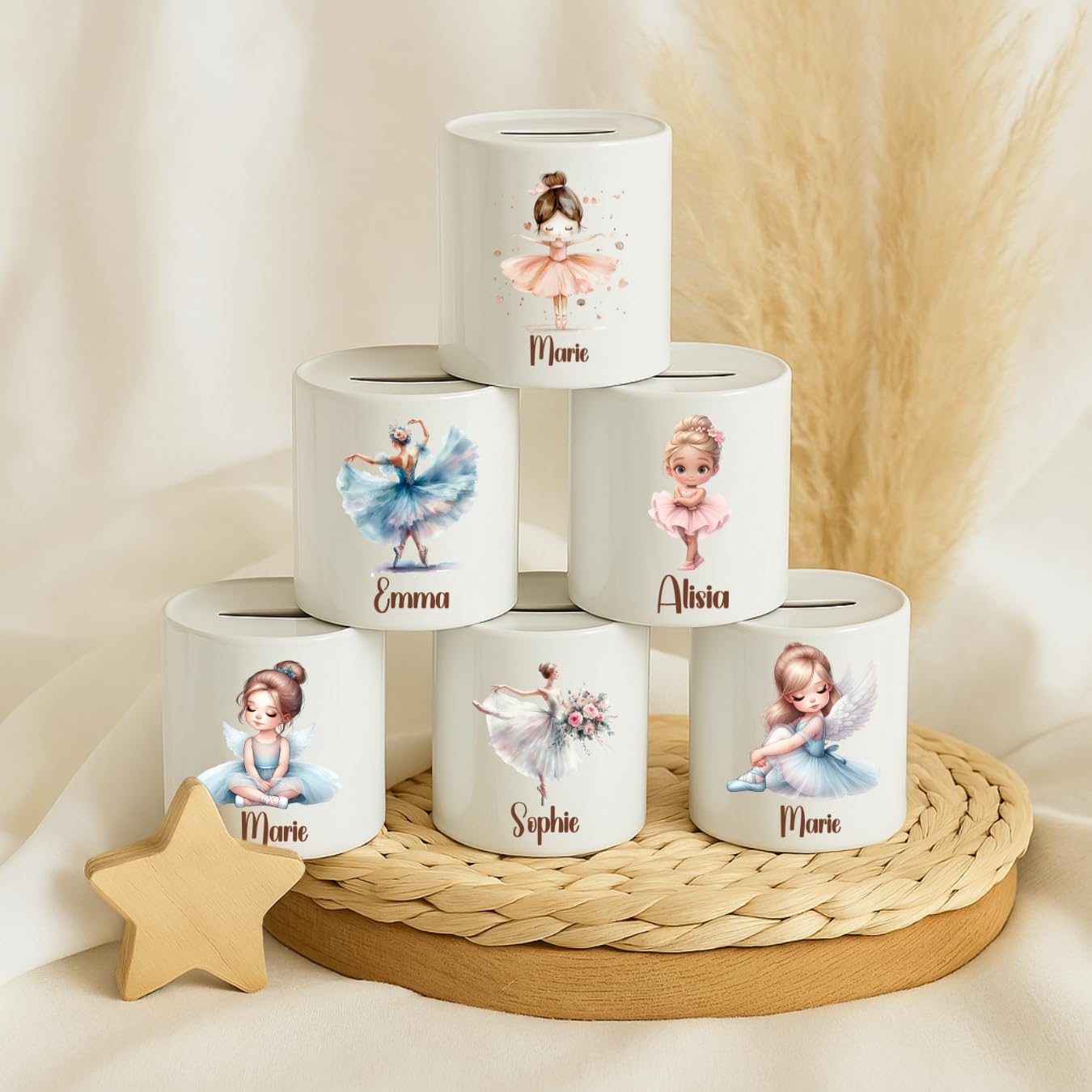 Personalisierte Spardose Ballerina aus rosa Keramik – Geschenk für Mädchen zur Taufe oder Geburt

