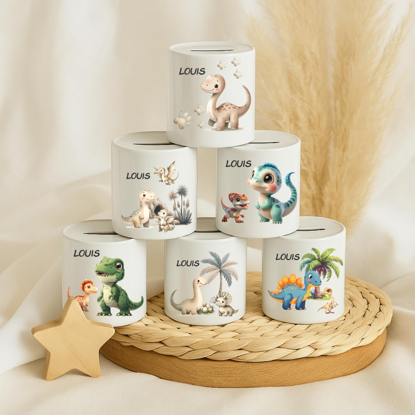 Spardose mit Dinosauriern – Keramik – personalisiert mit Namen – Geschenk zur Taufe oder Geburt für Kinder