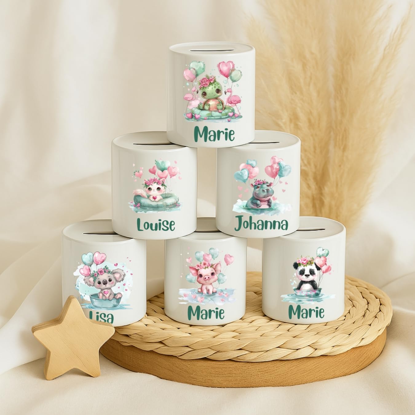 Grüne Tier-Spardose aus Keramik – mit Frosch, Schildkröte, Dino oder Krokodil – personalisiert mit Namen – Geschenk für Kinder