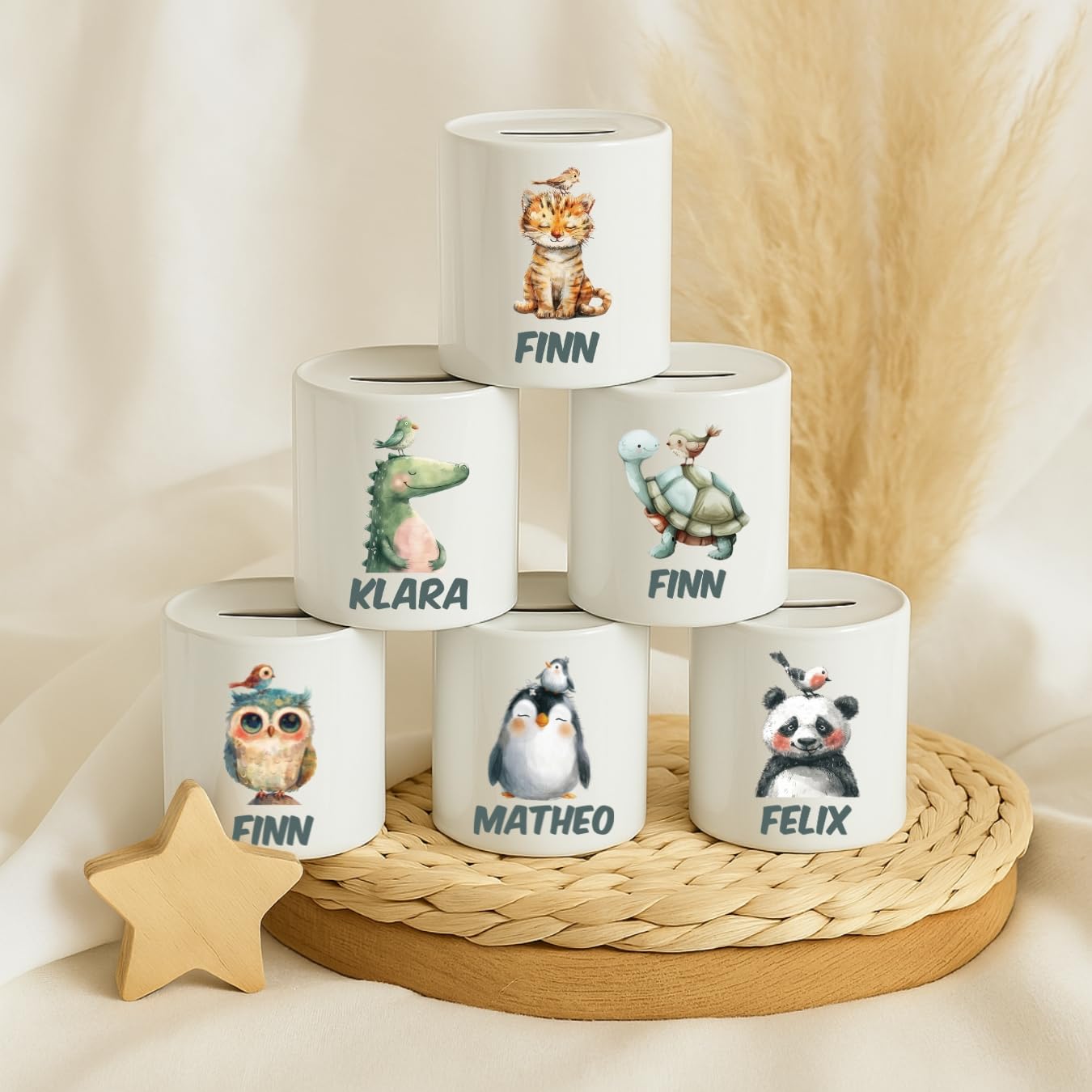 Keramik-Spardose mit bunten Tieren – personalisiert mit Namen – Geschenk zur Taufe oder Geburt für Kinder