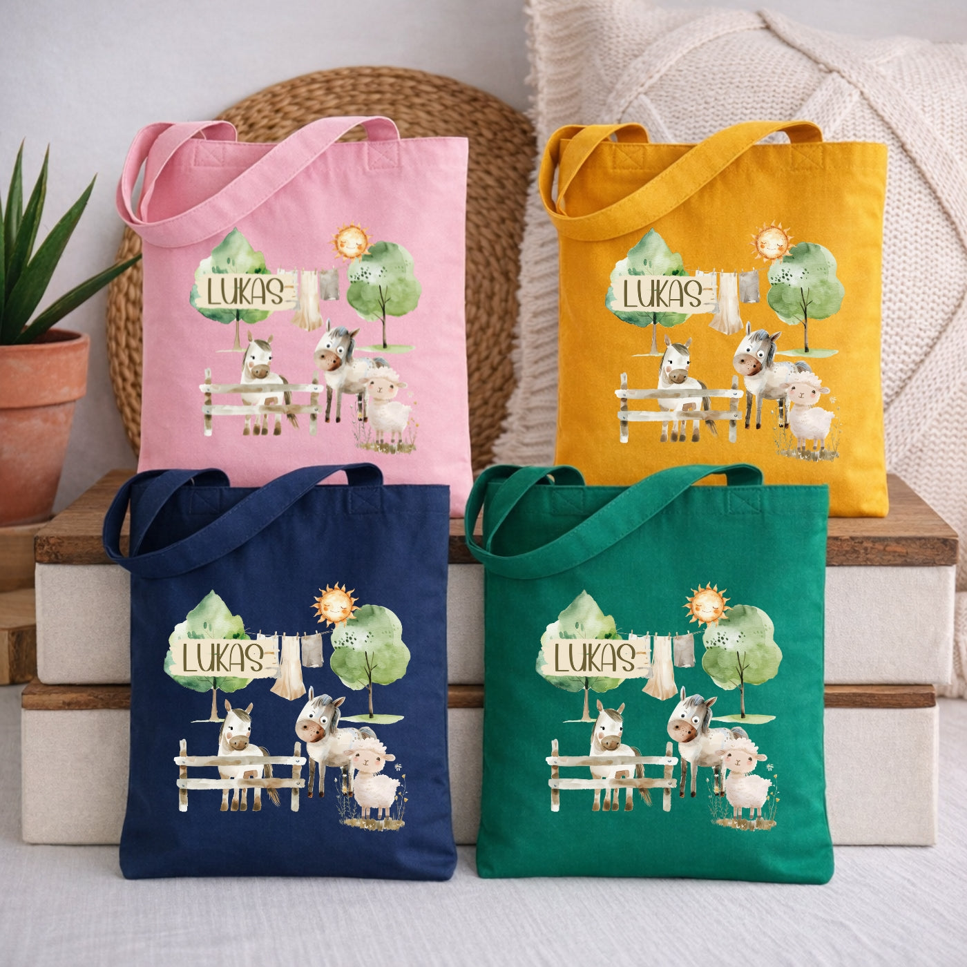 Personalisierte Kindertasche mit Bauernhof Motiven – Stofftasche für Kindergarten & Kita