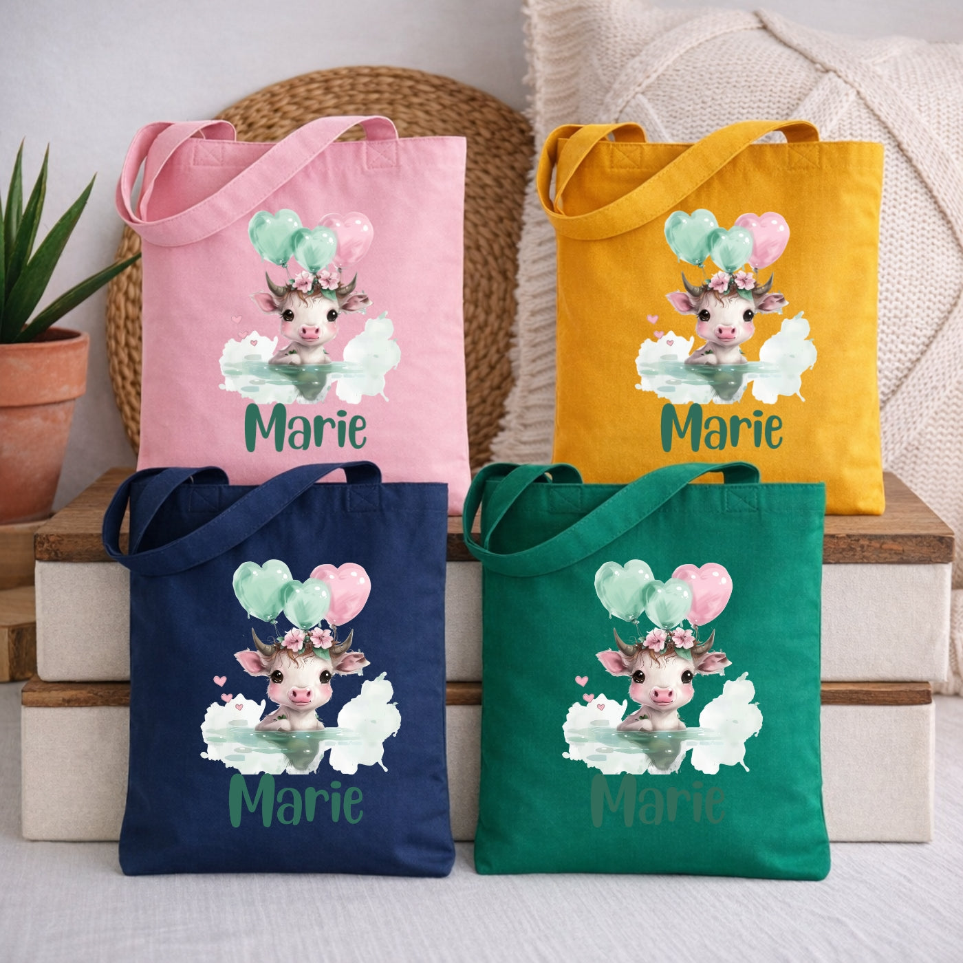 Lustige Tierfreunde Kindertasche – Stoffbeutel mit Namen und Luftballon Motiven