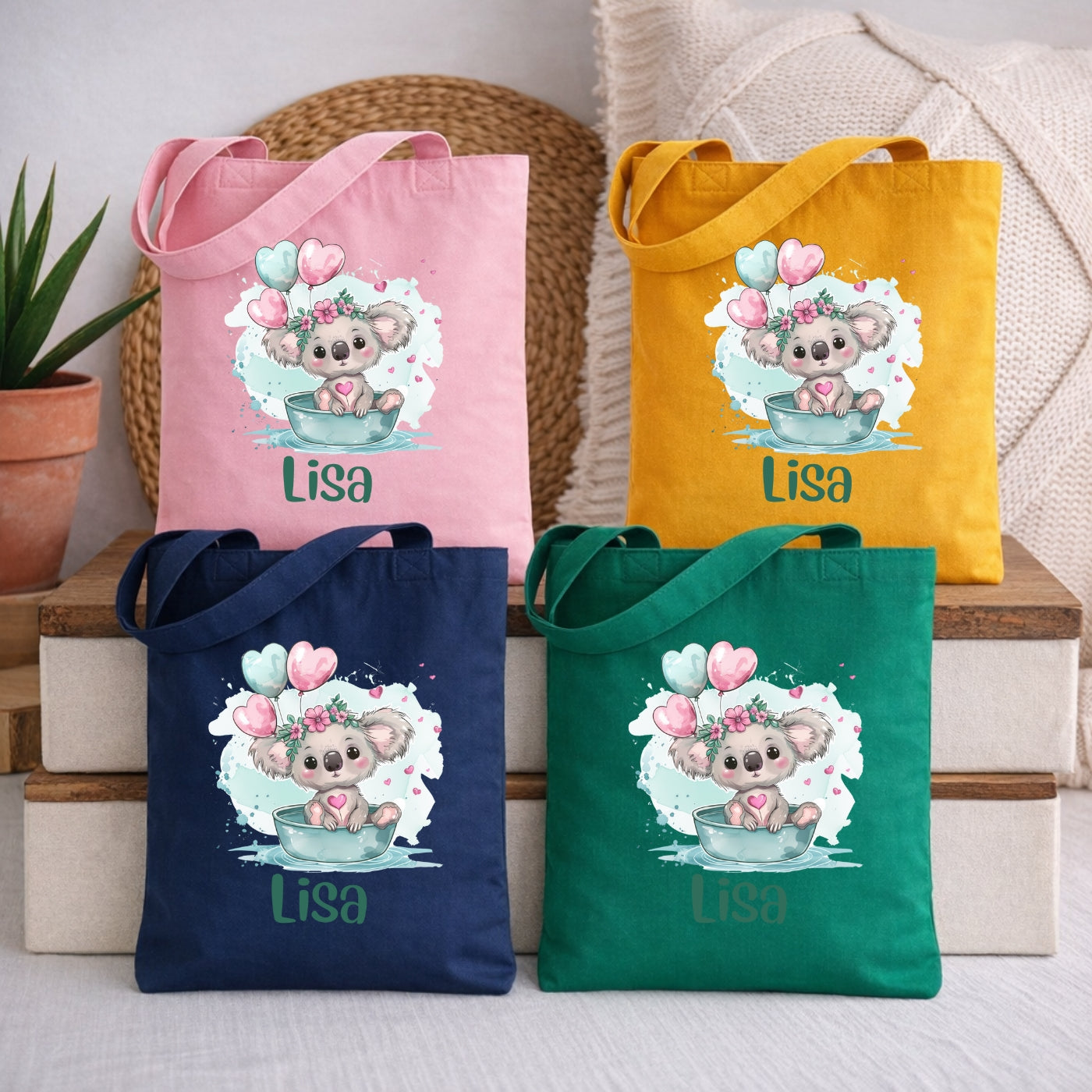 Lustige Tierfreunde Kindertasche – Stoffbeutel mit Namen und Luftballon Motiven