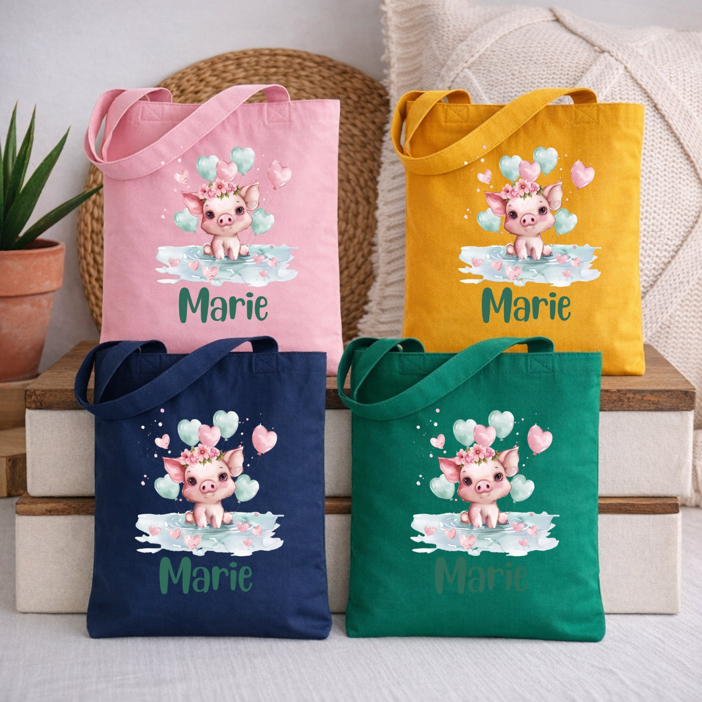 Lustige Tierfreunde Kindertasche – Stoffbeutel mit Namen und Luftballon Motiven