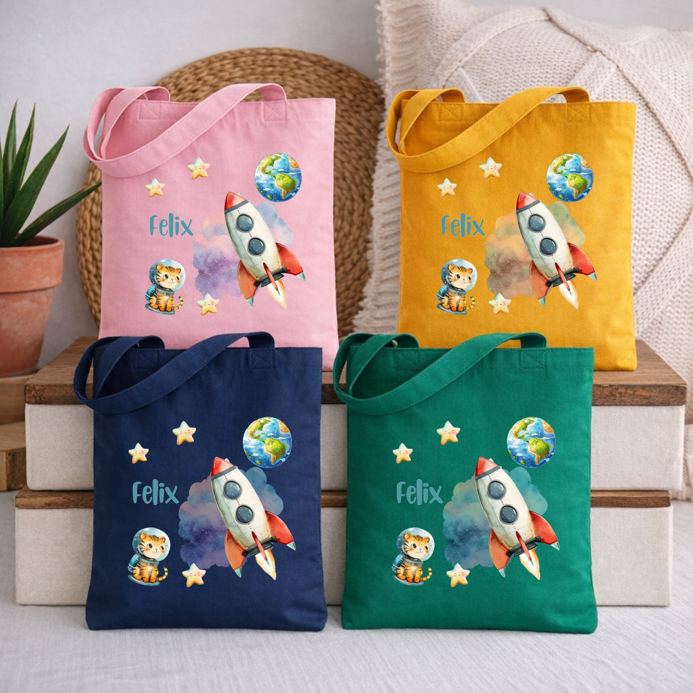 Weltall Kindertasche mit Namen – Stoffbeutel mit Rakete und Planeten