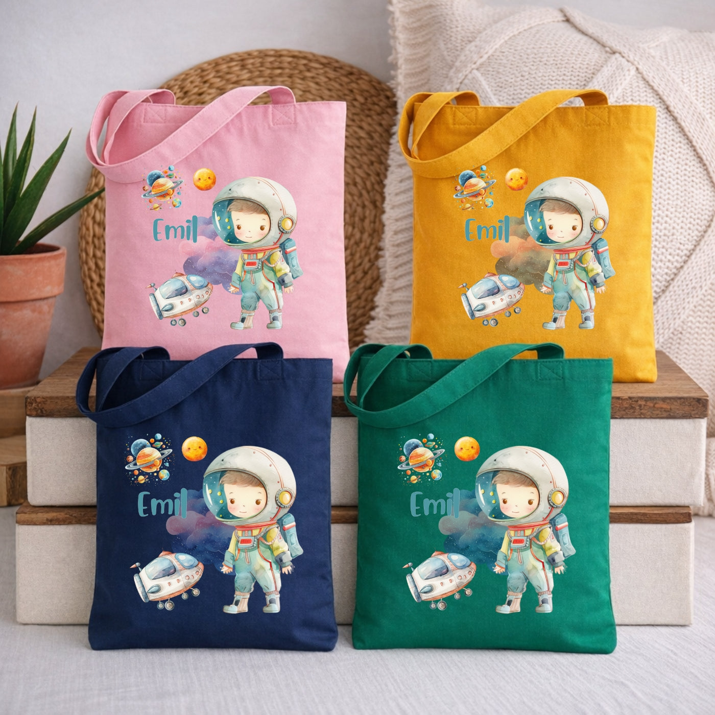 Weltall Kindertasche mit Namen – Stoffbeutel mit Rakete und Planeten