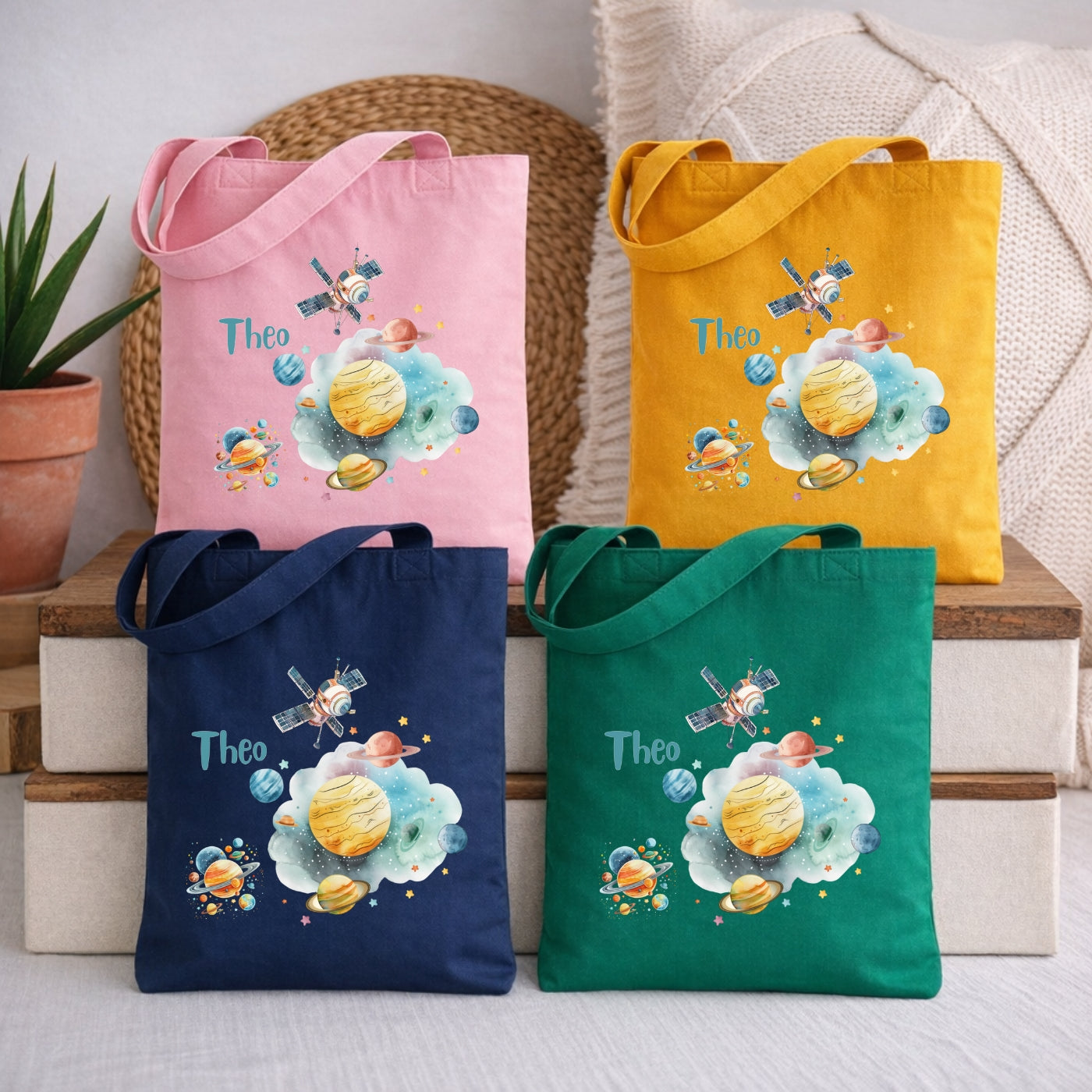Weltall Kindertasche mit Namen – Stoffbeutel mit Rakete und Planeten