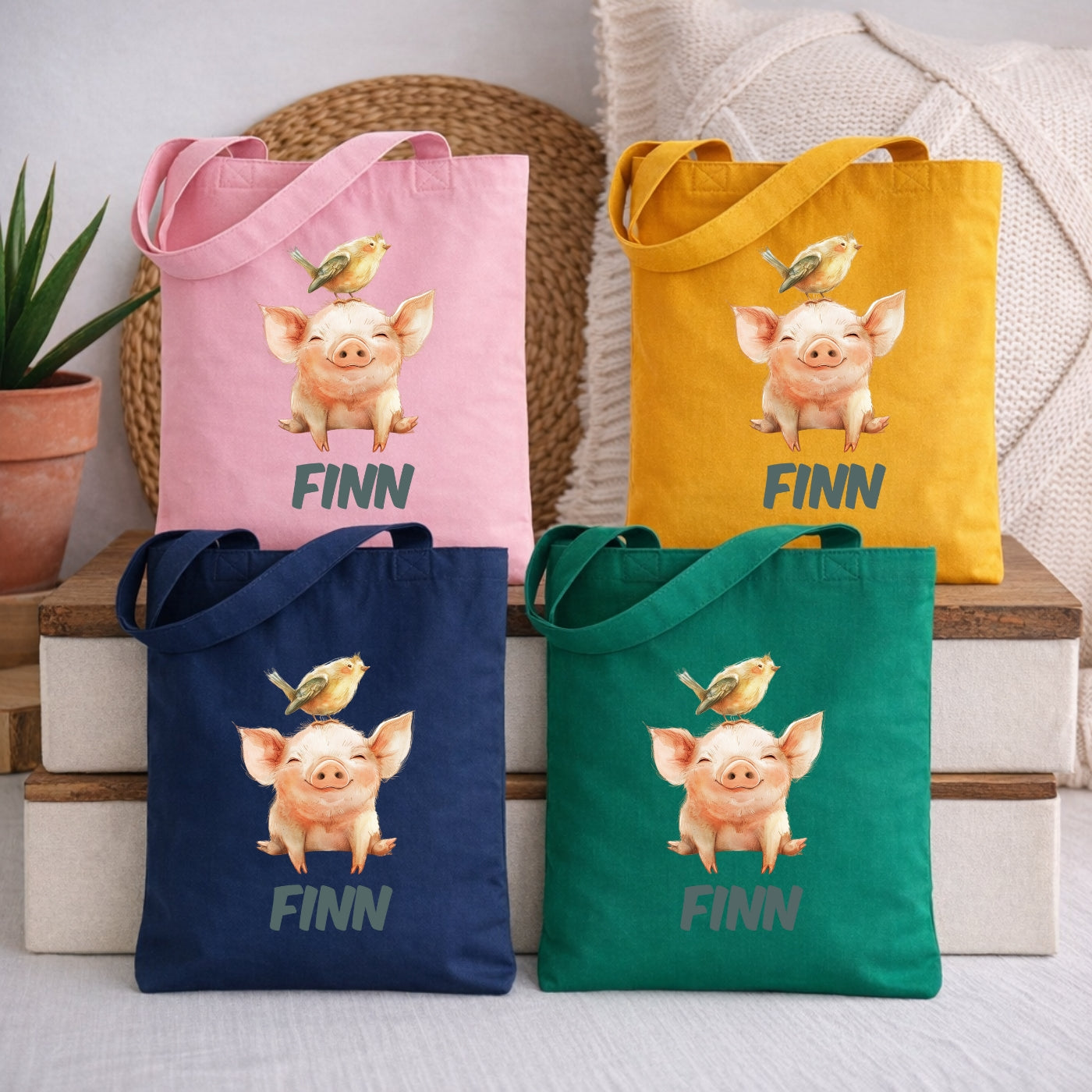 Bunte Tierfreunde Kindertasche – Stoffbeutel mit Namen für Kinder