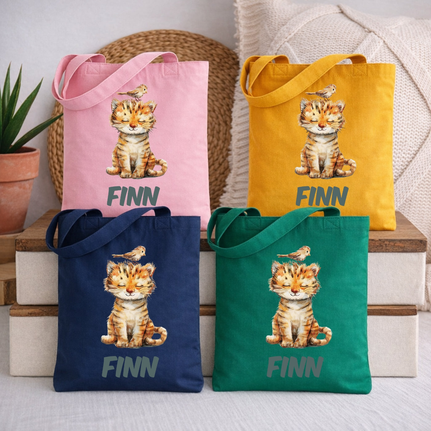 Bunte Tierfreunde Kindertasche – Stoffbeutel mit Namen für Kinder