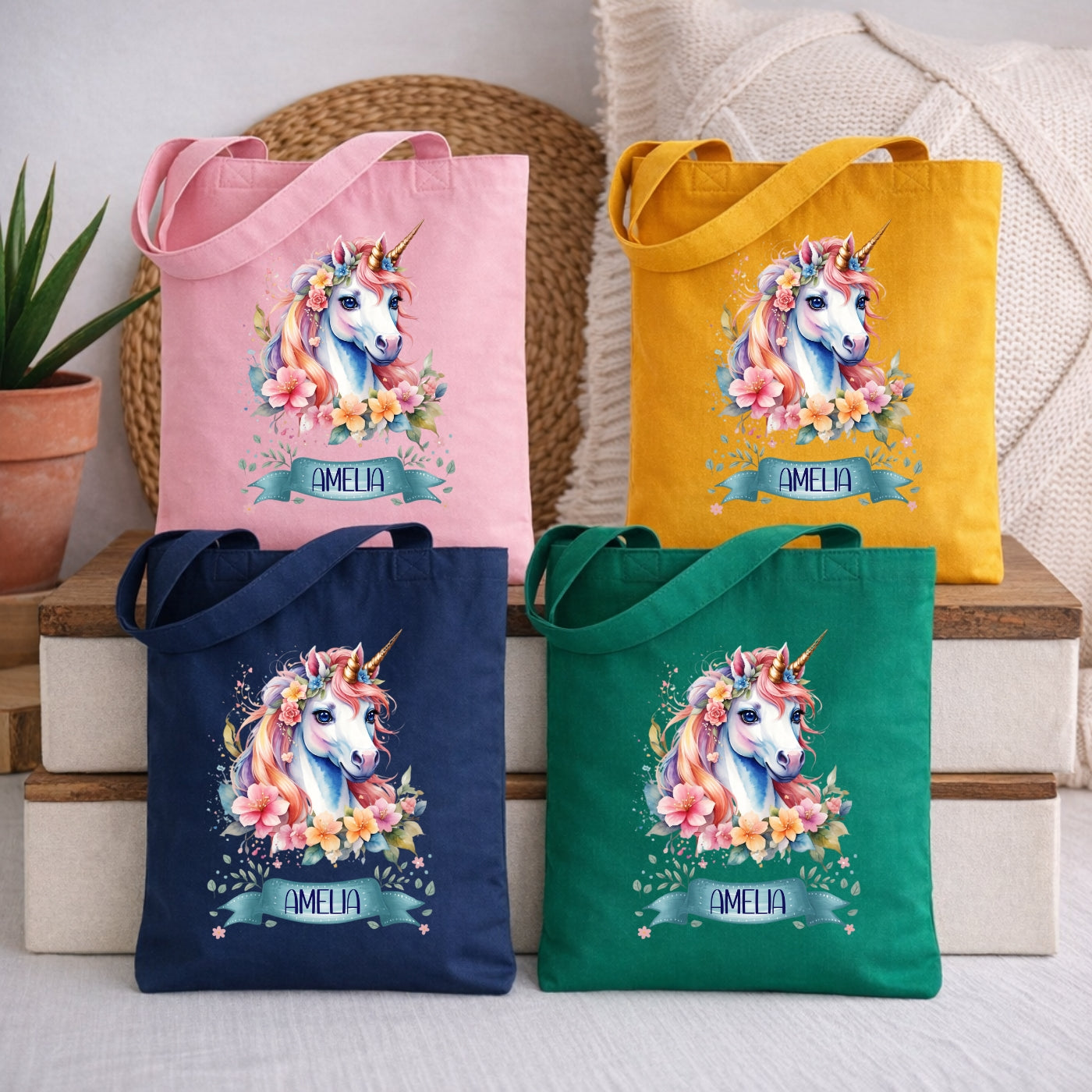 Zauberhafte Einhorn Kindertasche – Stoffbeutel mit Namen personalisiert