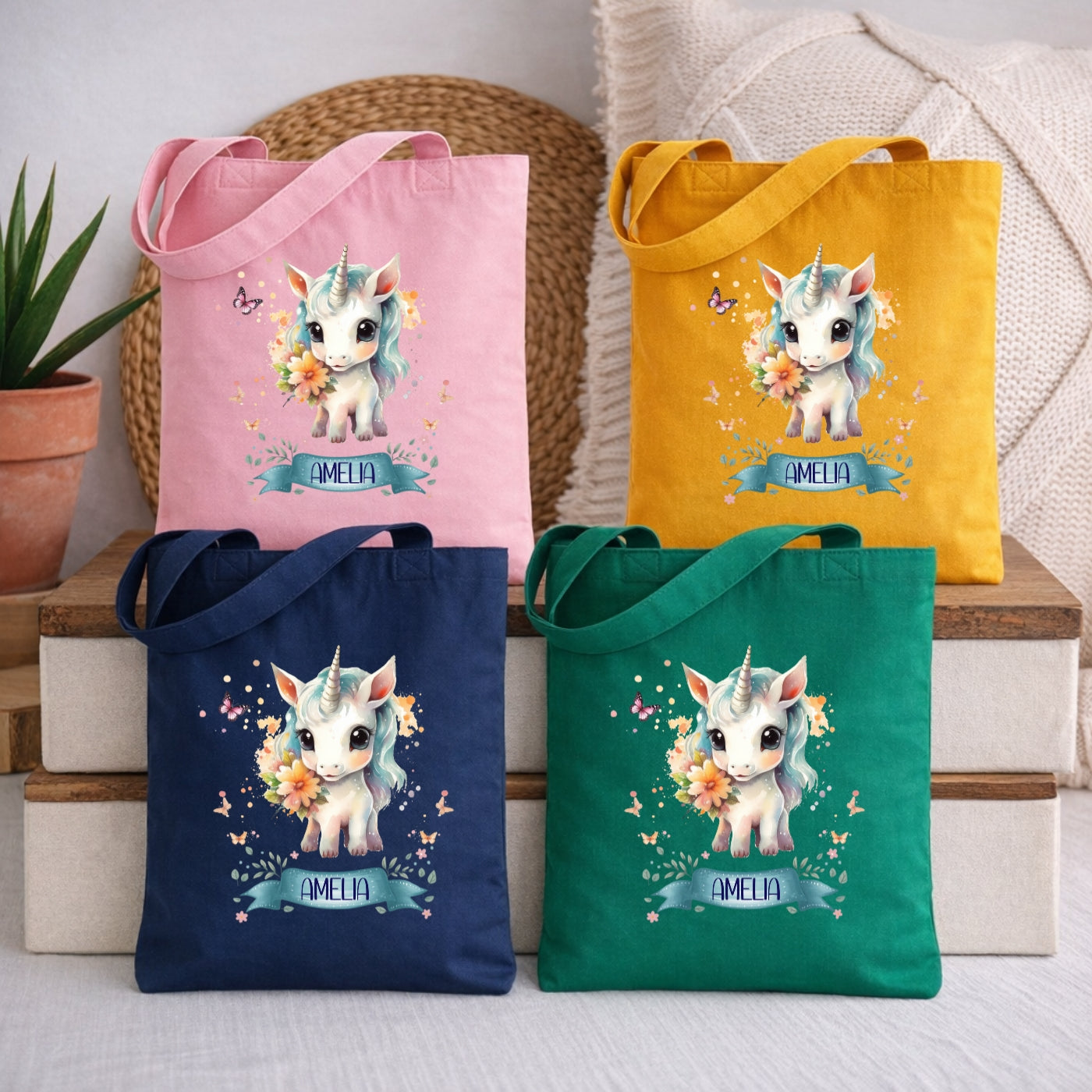 Zauberhafte Einhorn Kindertasche – Stoffbeutel mit Namen personalisiert