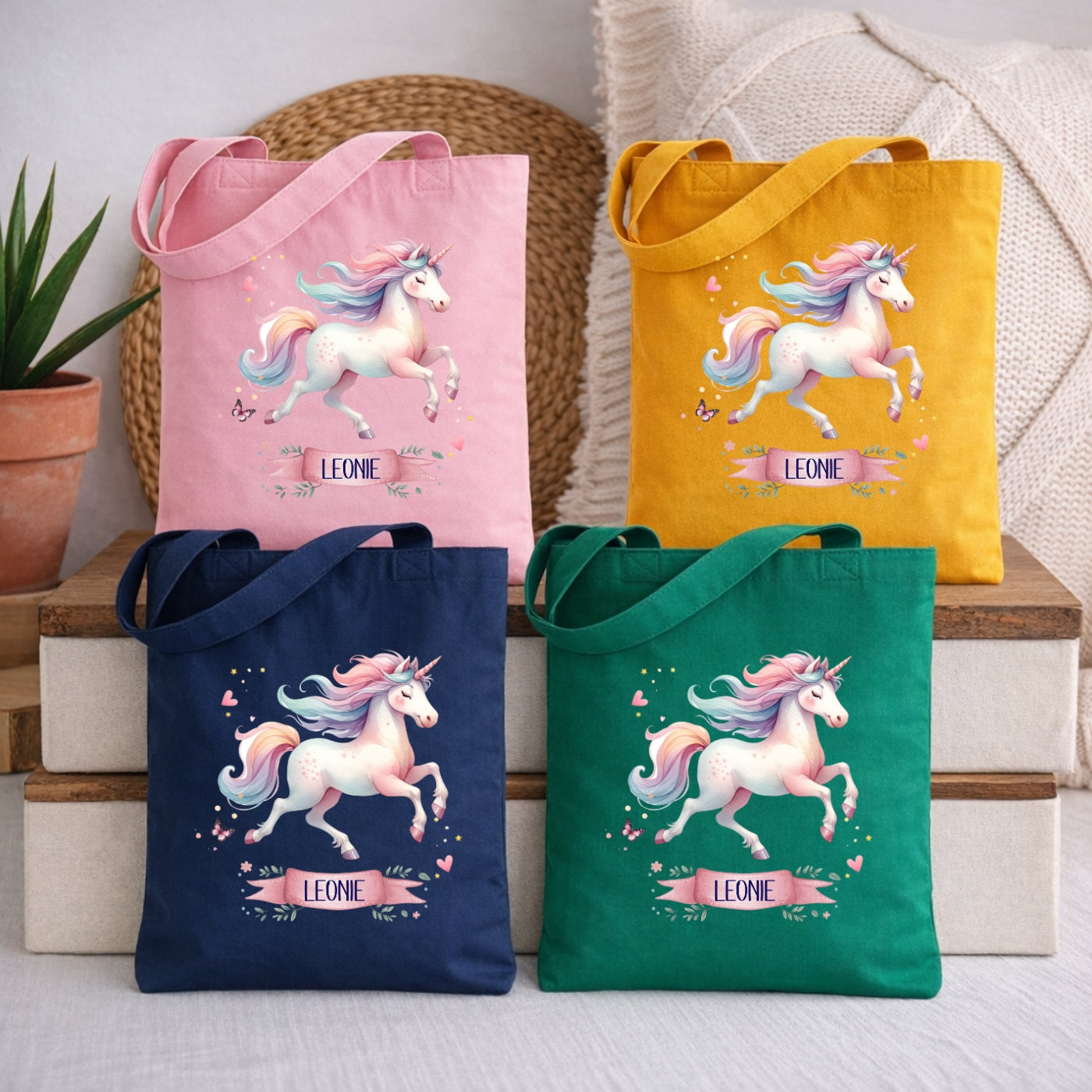 Zauberhafte Einhorn Kindertasche – Stoffbeutel mit Namen personalisiert