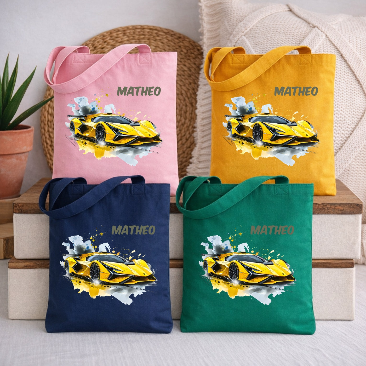 Personalisierte Kindertasche mit Auto Motiven – Stofftasche für Kindergarten & Kita