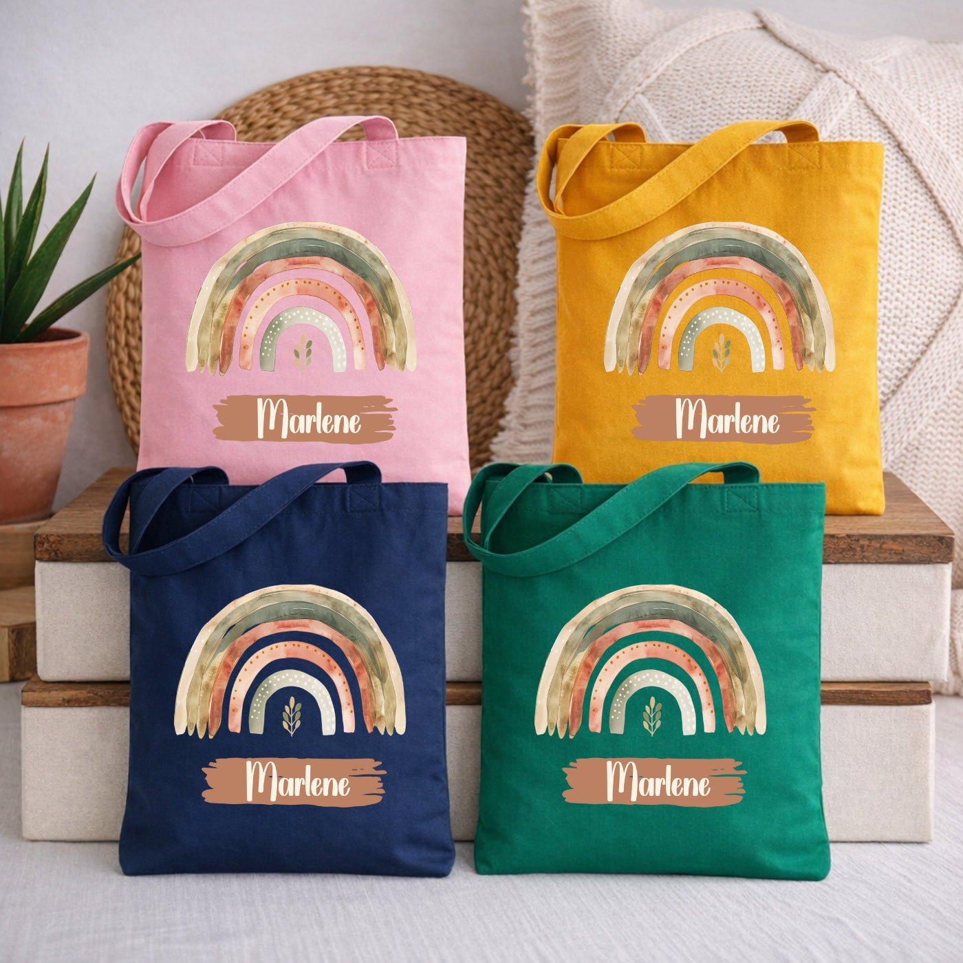 Regenbogen Kindertasche mit Namen – Bunter Stoffbeutel für Kinder