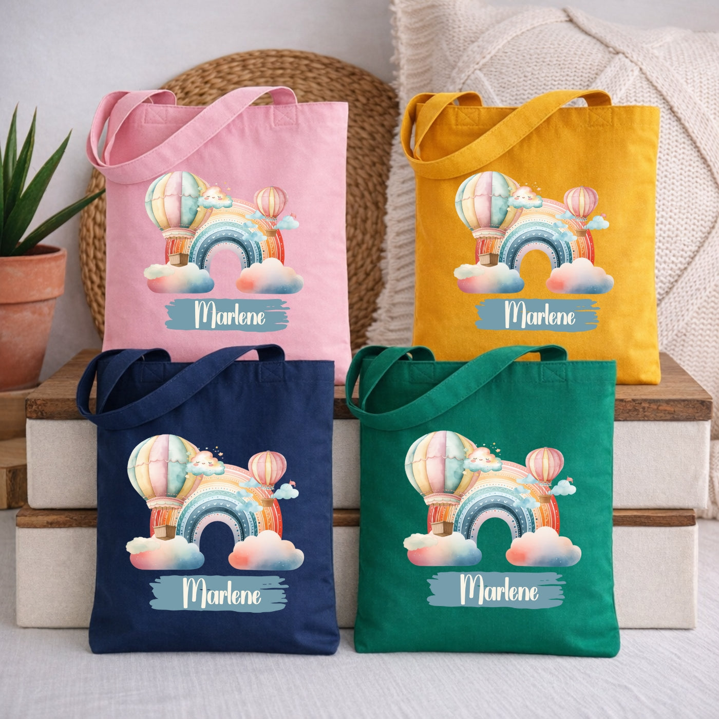 Regenbogen Kindertasche mit Namen – Bunter Stoffbeutel für Kinder