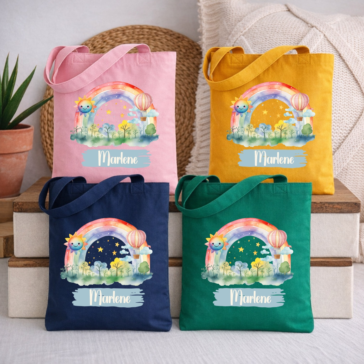 Regenbogen Kindertasche mit Namen – Bunter Stoffbeutel für Kinder