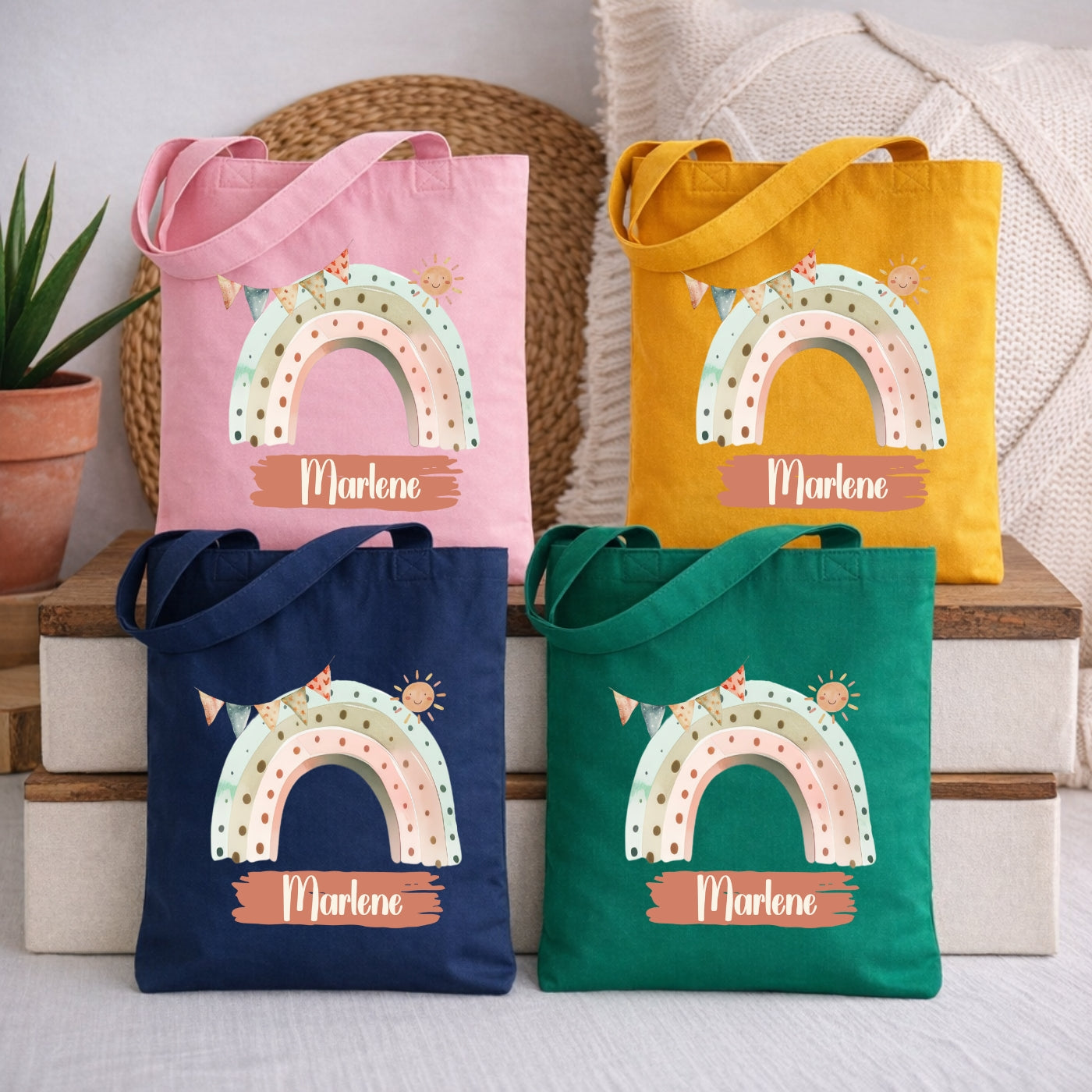 Regenbogen Kindertasche mit Namen – Bunter Stoffbeutel für Kinder