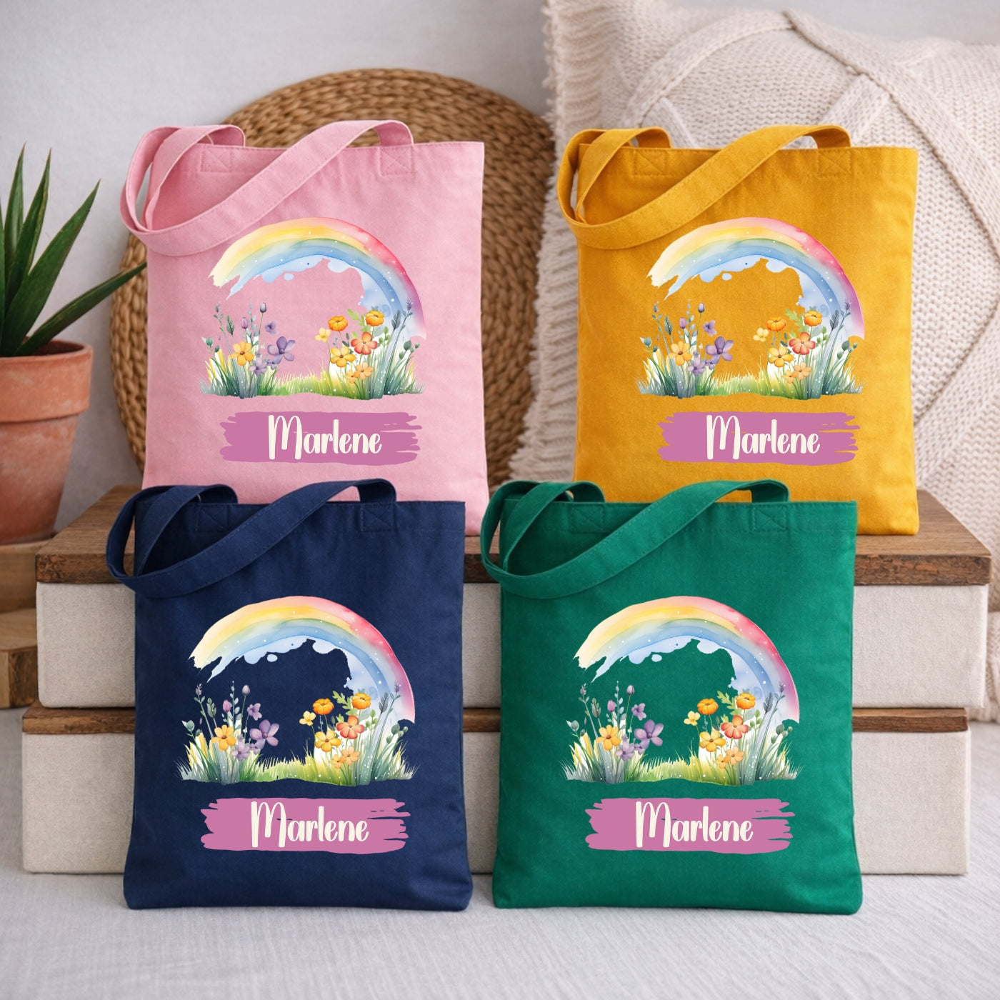 Regenbogen Kindertasche mit Namen – Bunter Stoffbeutel für Kinder
