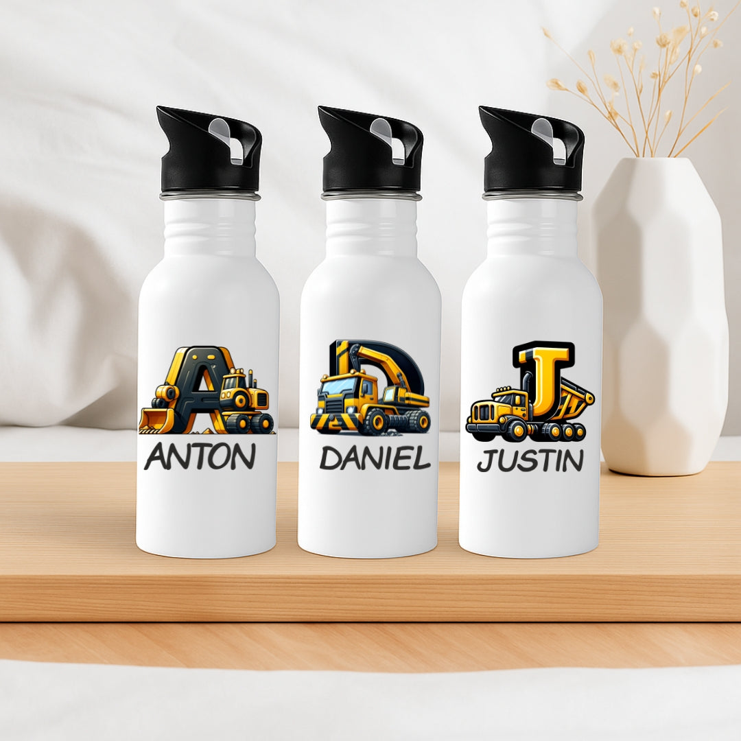 Personalisierte Trinkflasche mit Strohhalm für Kinder mit Namen und Baustelle Buchstabe Motiv