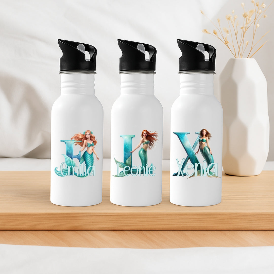 Personalisierte Trinkflasche mit Strohhalm für Kinder mit Namen und Meerjungfrau Buchstabe Motiv