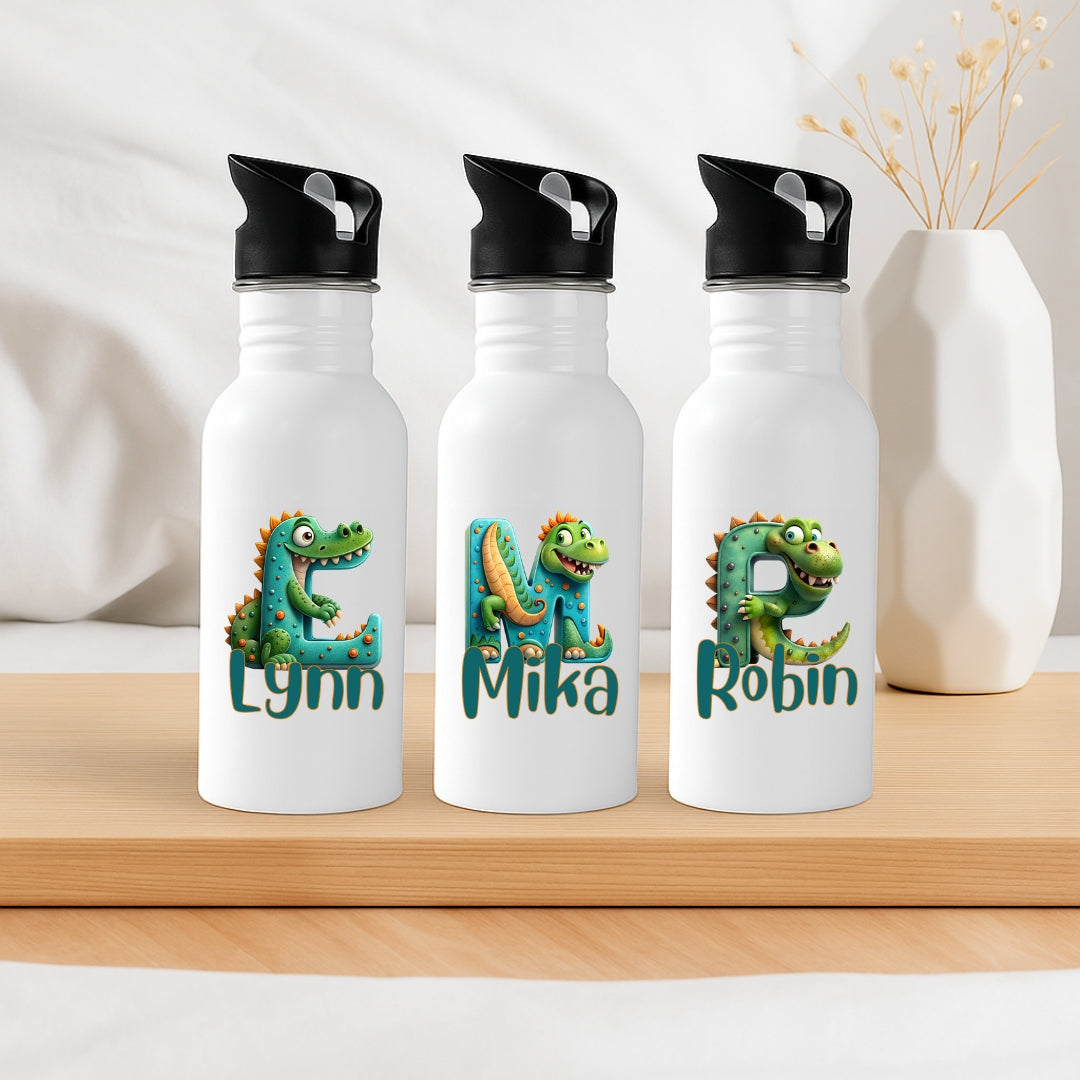 Personalisierte Trinkflasche mit Strohhalm für Kinder mit Namen und Dino Buchstabe Motiv
