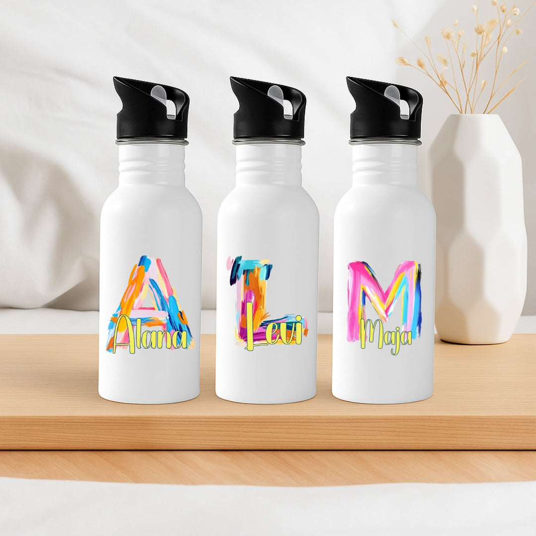 Personalisierte Trinkflasche mit Strohhalm für Kinder mit Namen und Ölmalerei Buchstabe Motiv