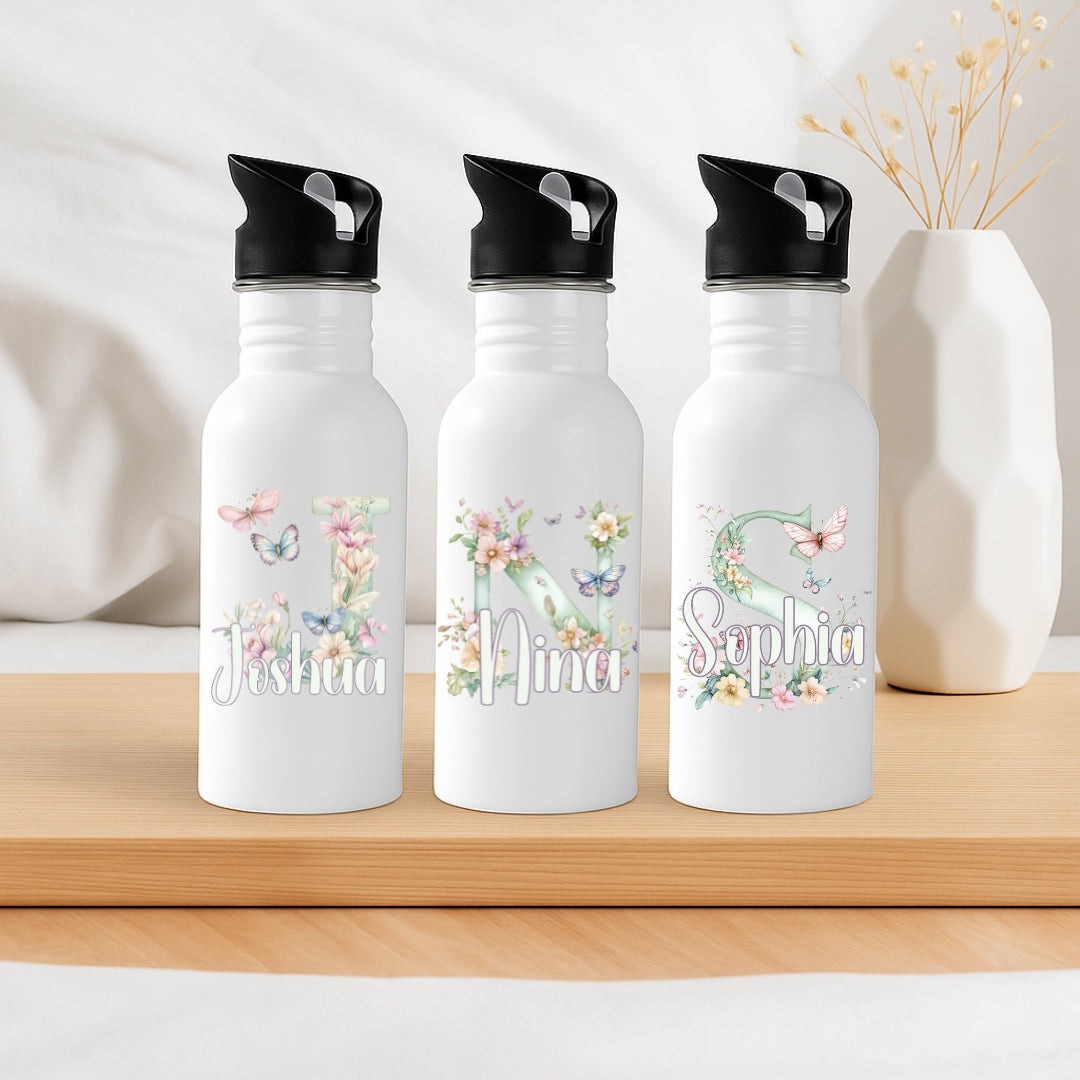 Kinder Trinkflasche personalisiert mit buntem Blumig Motiv und individuellem Namen
