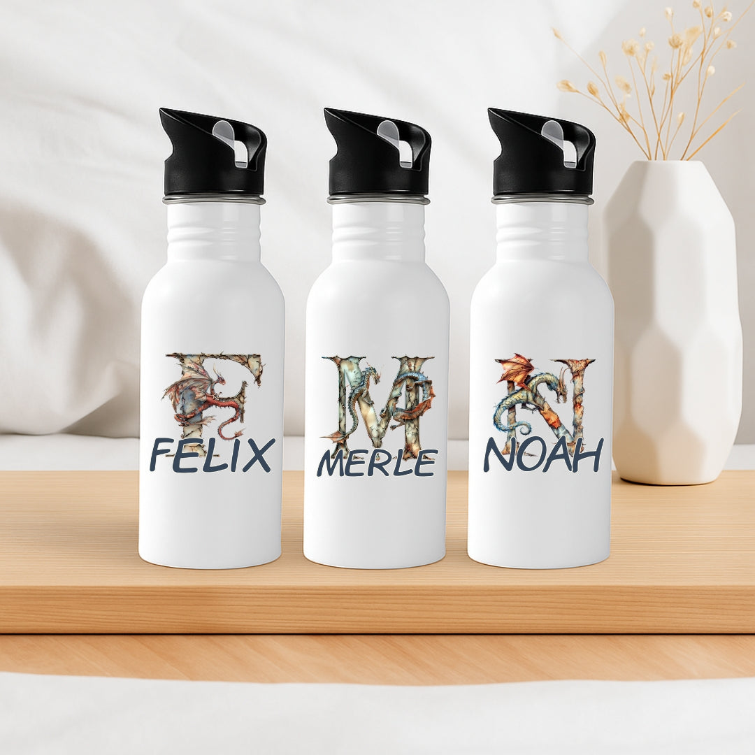 Auslaufsichere Kinder Trinkflasche mit Strohhalm und Drachen Buchstabe Design