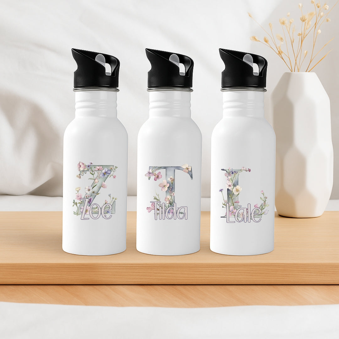 Auslaufsichere Kinder Trinkflasche mit Strohhalm und Blumen Buchstabe Design