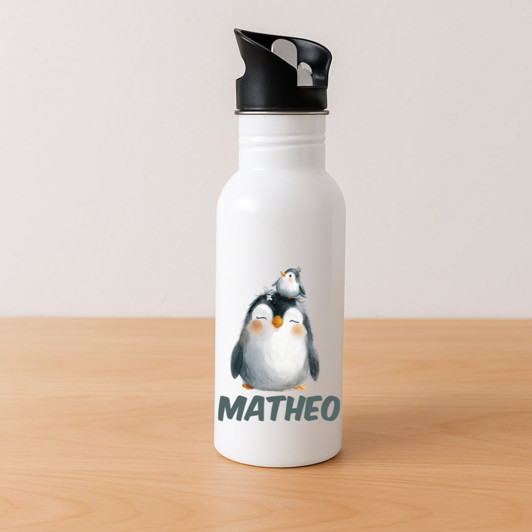 Personalisierte Kinder Trinkflasche mit Strohhalm bunte Tiere