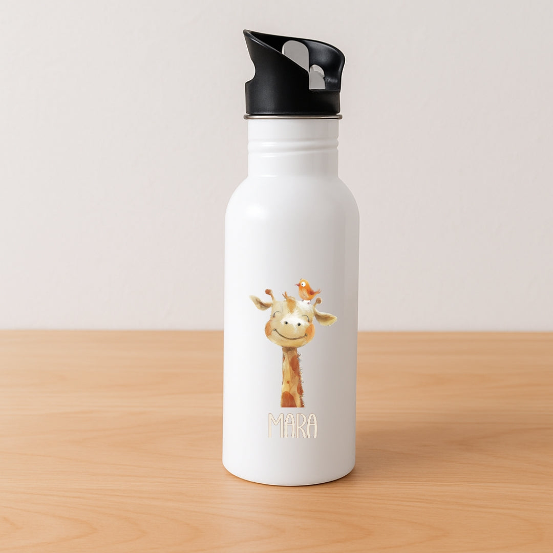 Kinder Trinkflasche mit Strohhalm beige Tiermotive