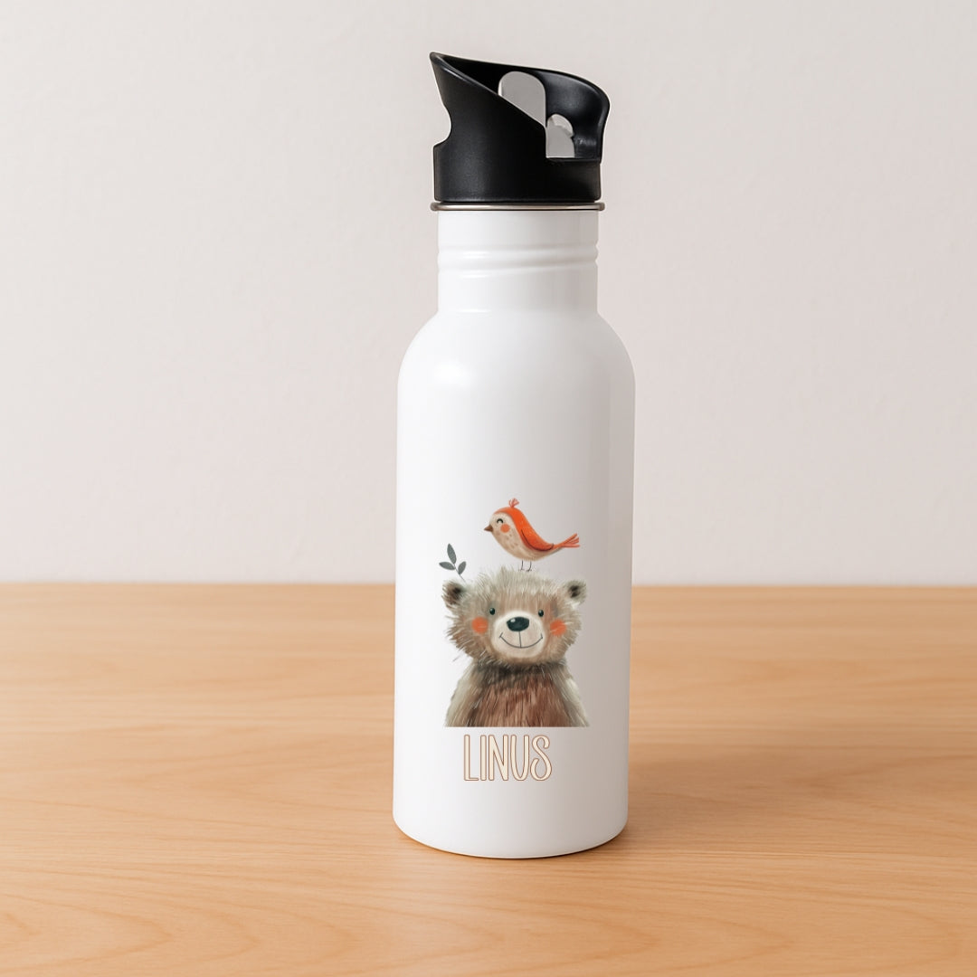 Kinder Trinkflasche mit Strohhalm beige Tiermotive