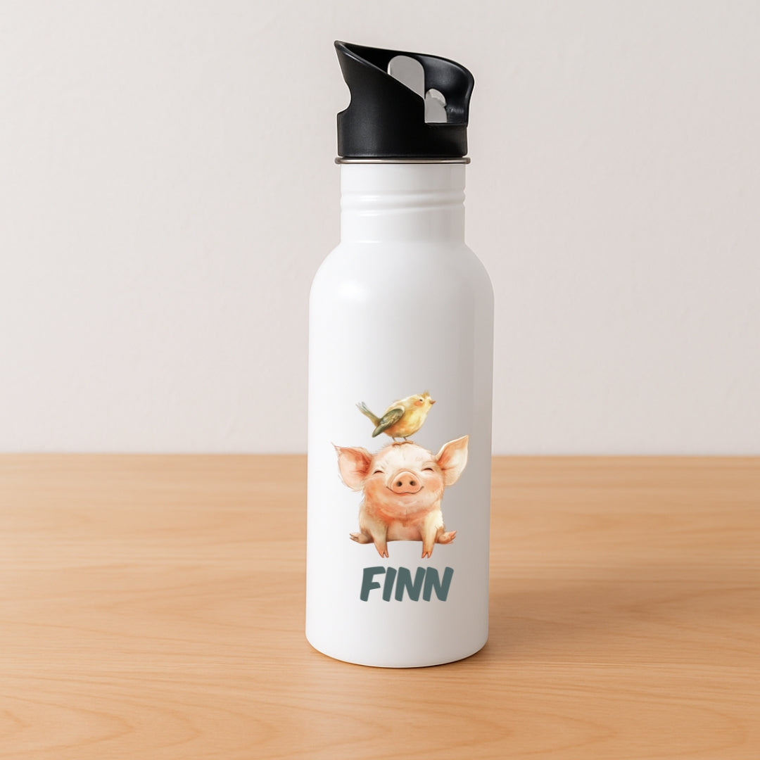Personalisierte Kinder Trinkflasche mit Strohhalm bunte Tiere