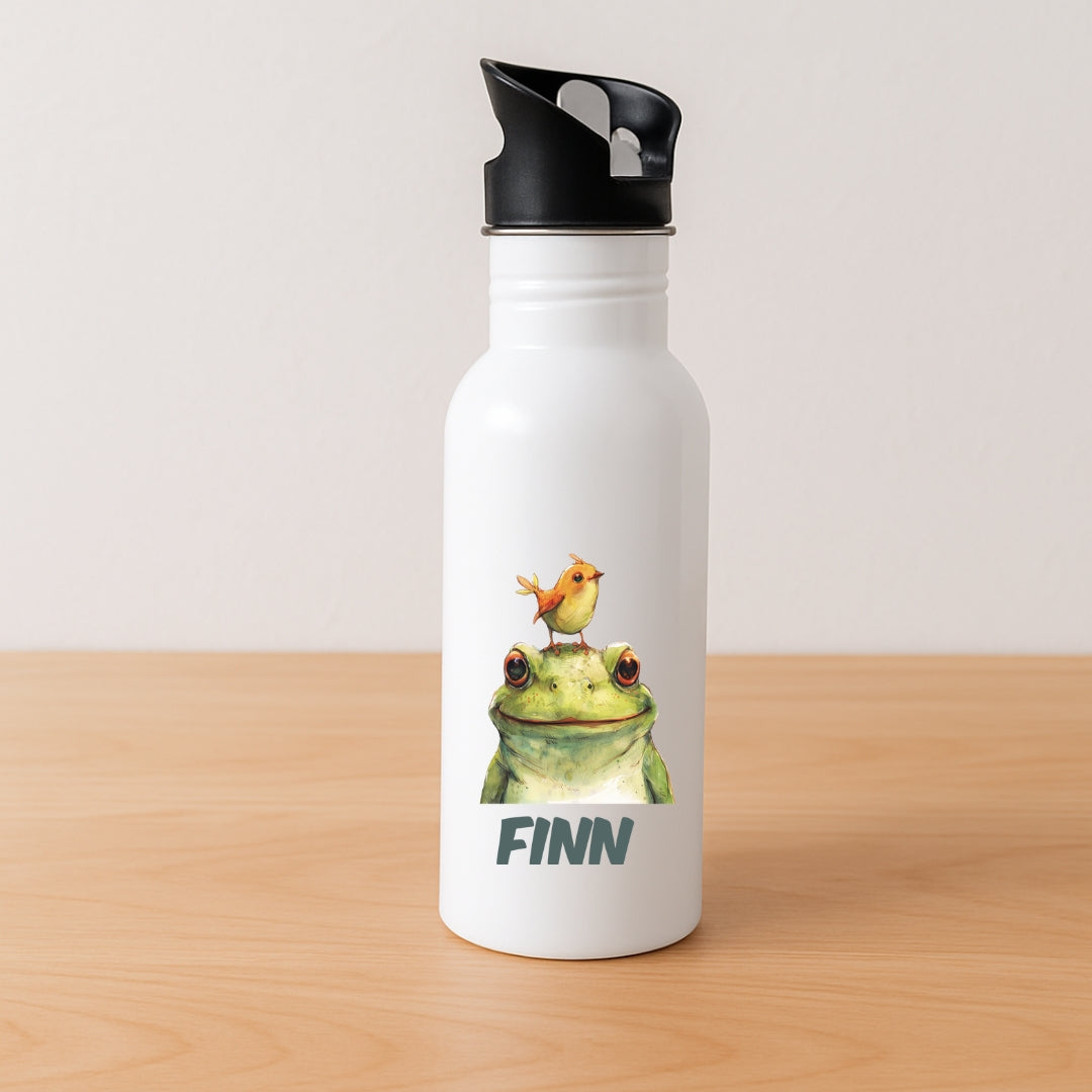 Personalisierte Kinder Trinkflasche mit Strohhalm bunte Tiere