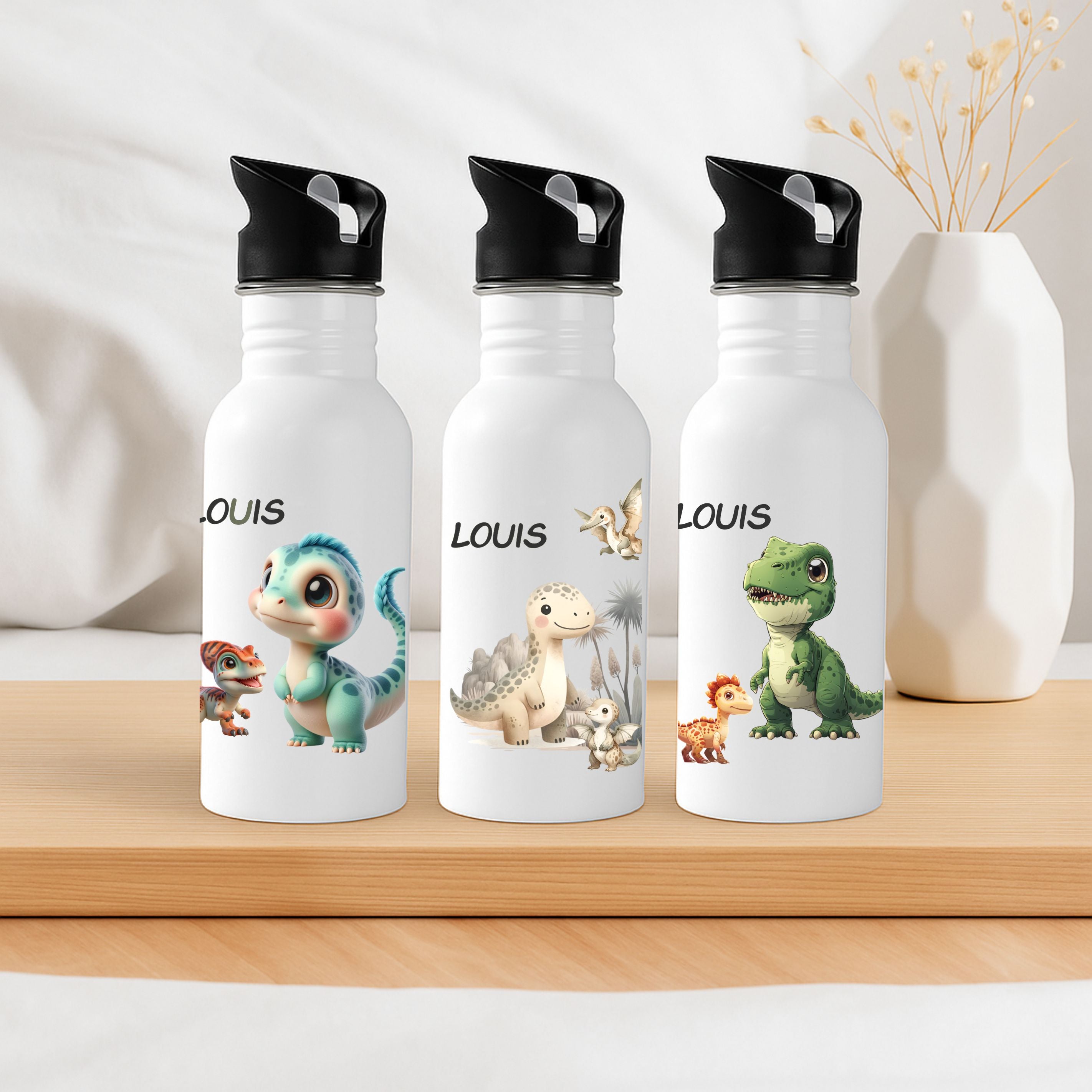 Kinder Trinkflasche mit Dino Motiven und Namen