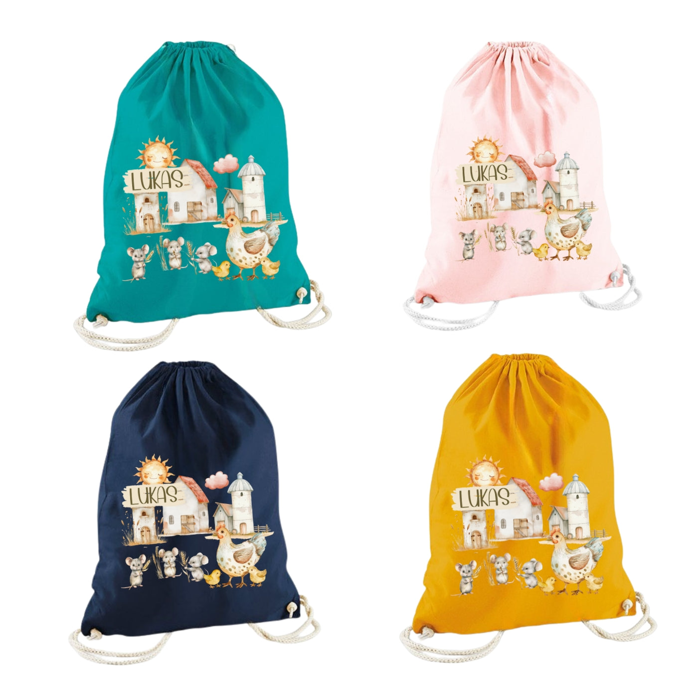 Turnbeutel Bauernhof Kinder personalisiert – für Schule und KiTa