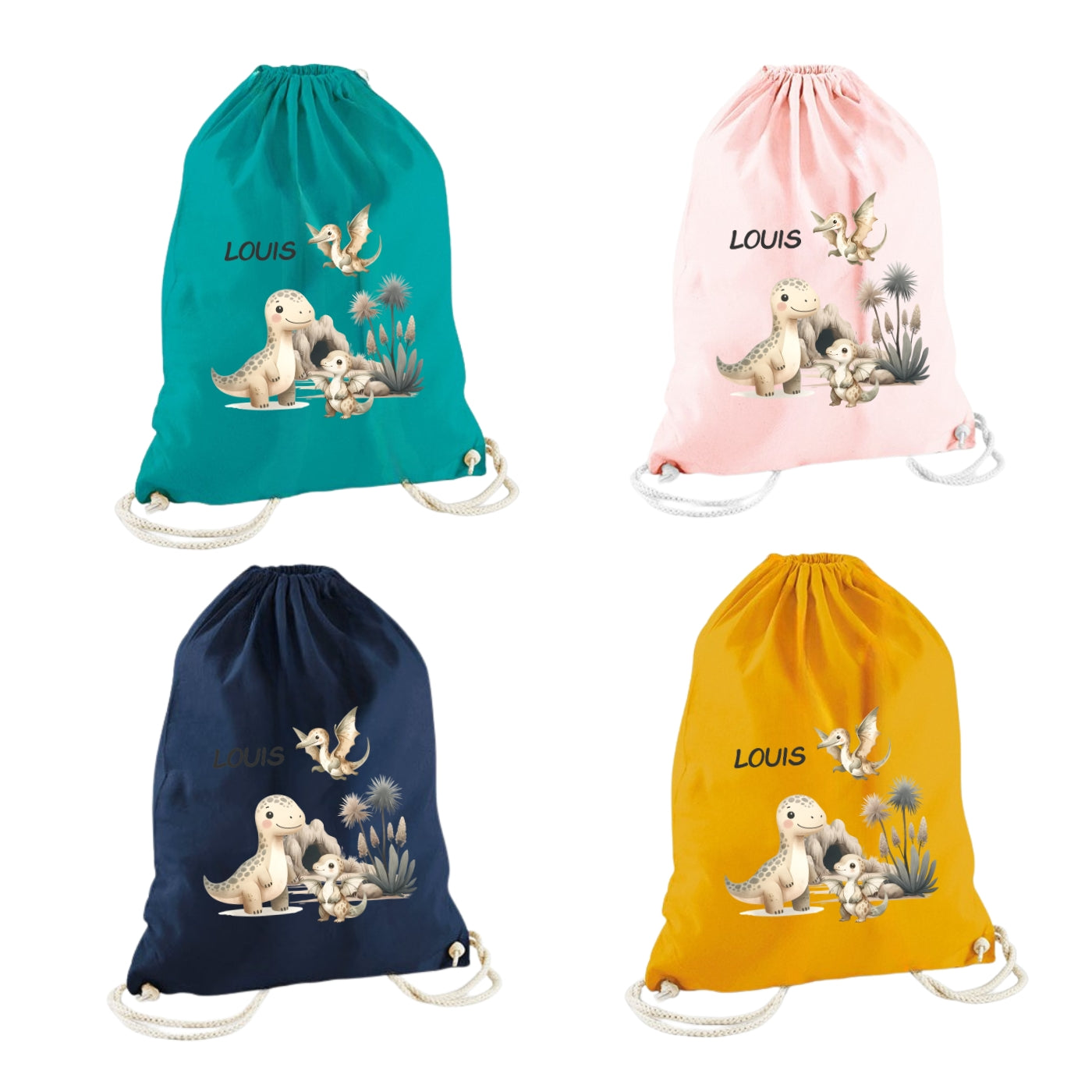 Turnbeutel Dino personalisiert – Bio Baumwolle für Kinder