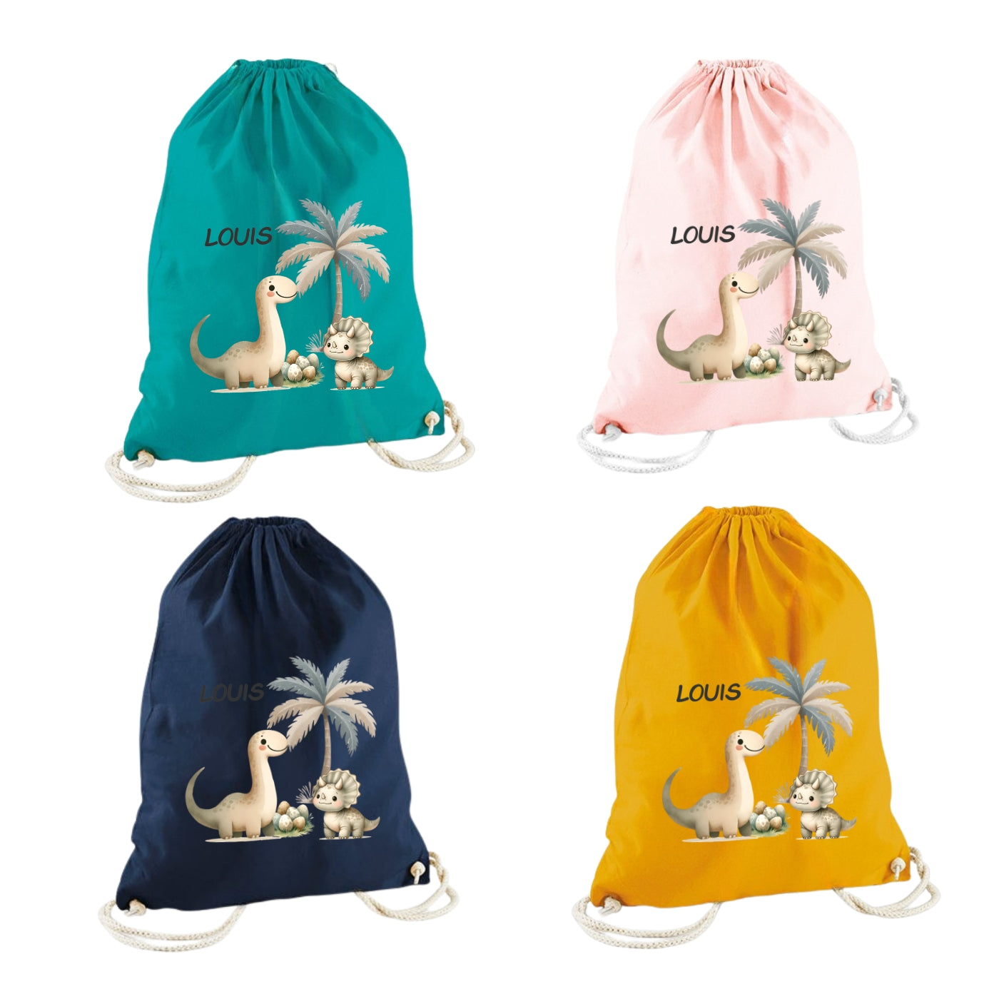 Turnbeutel Dino personalisiert – Bio Baumwolle für Kinder