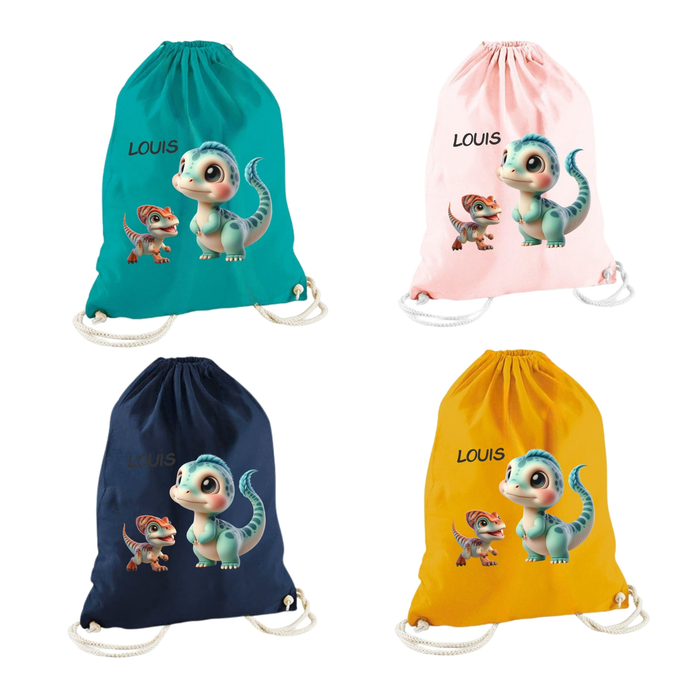 Turnbeutel Dino personalisiert – Bio Baumwolle für Kinder