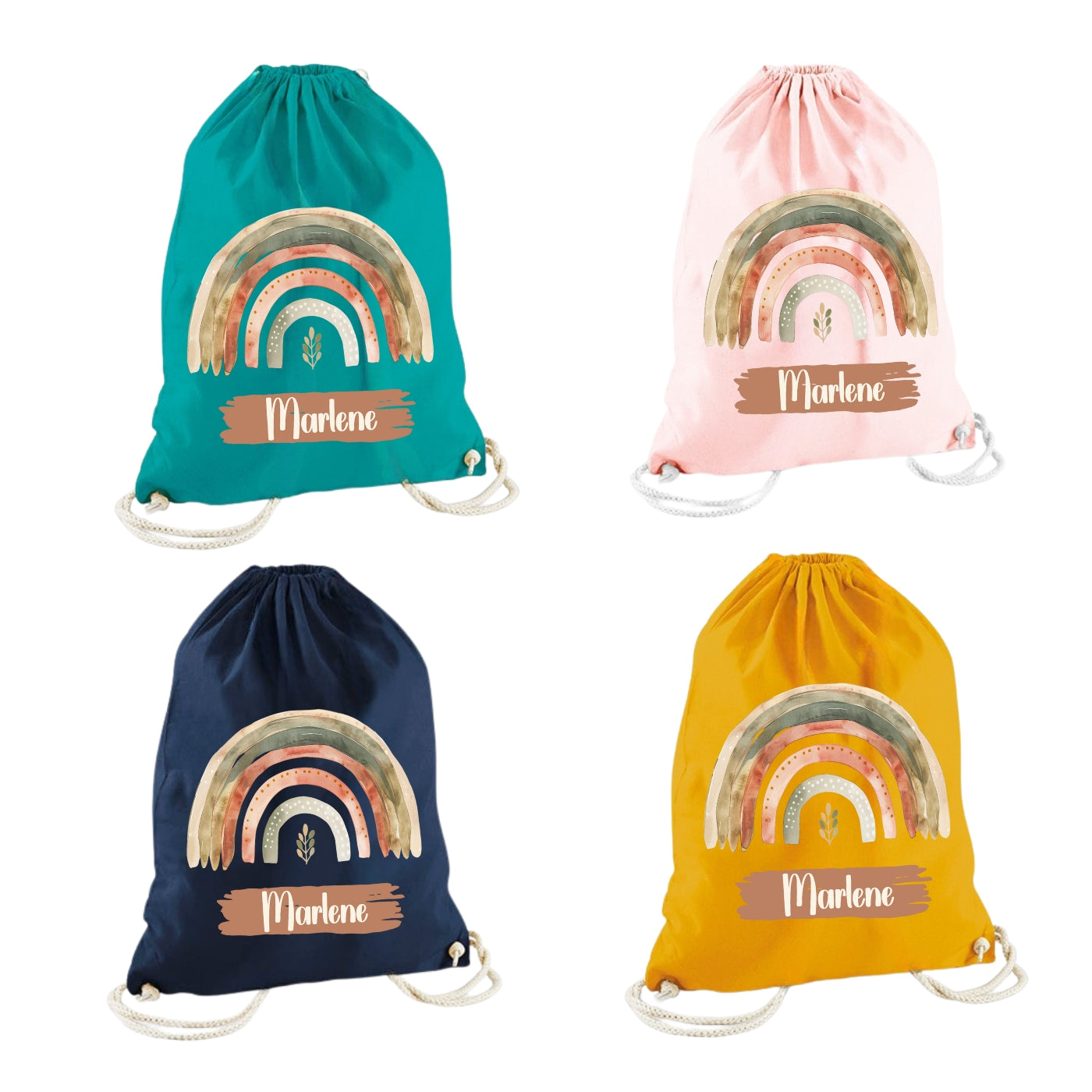 Turnbeutel Regenbogen personalisiert – Bio Baumwolle Kinder